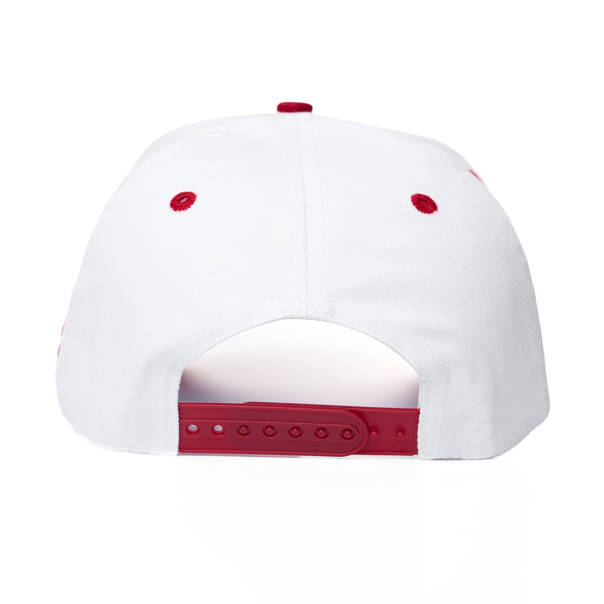 White cap with red accents on a white background
