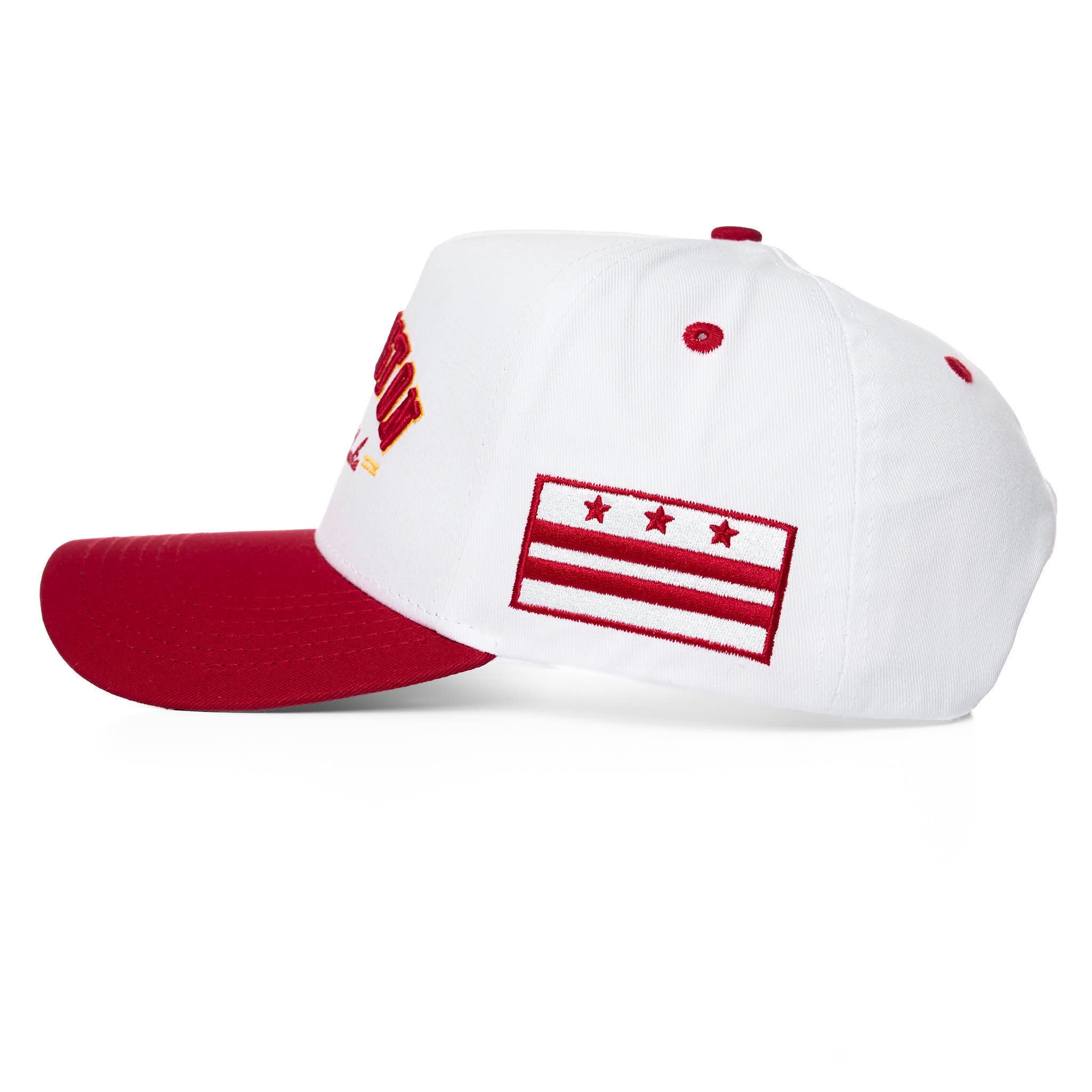 White and red cap with a design on a white background