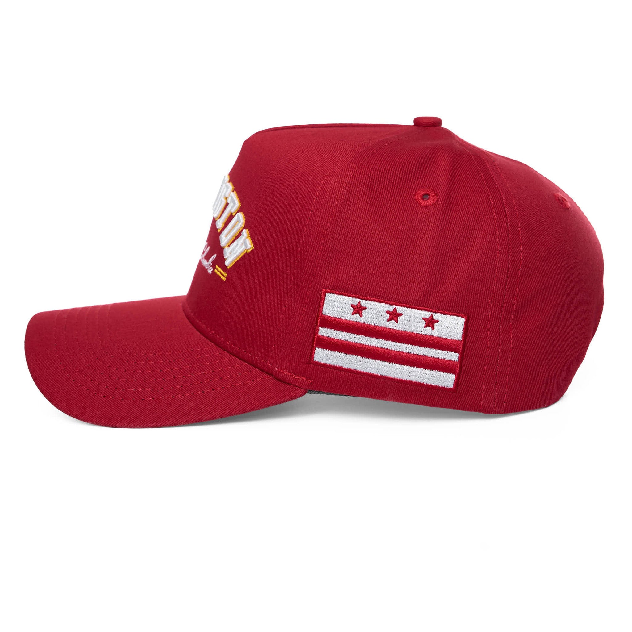 Red cap with a flag patch on a white background