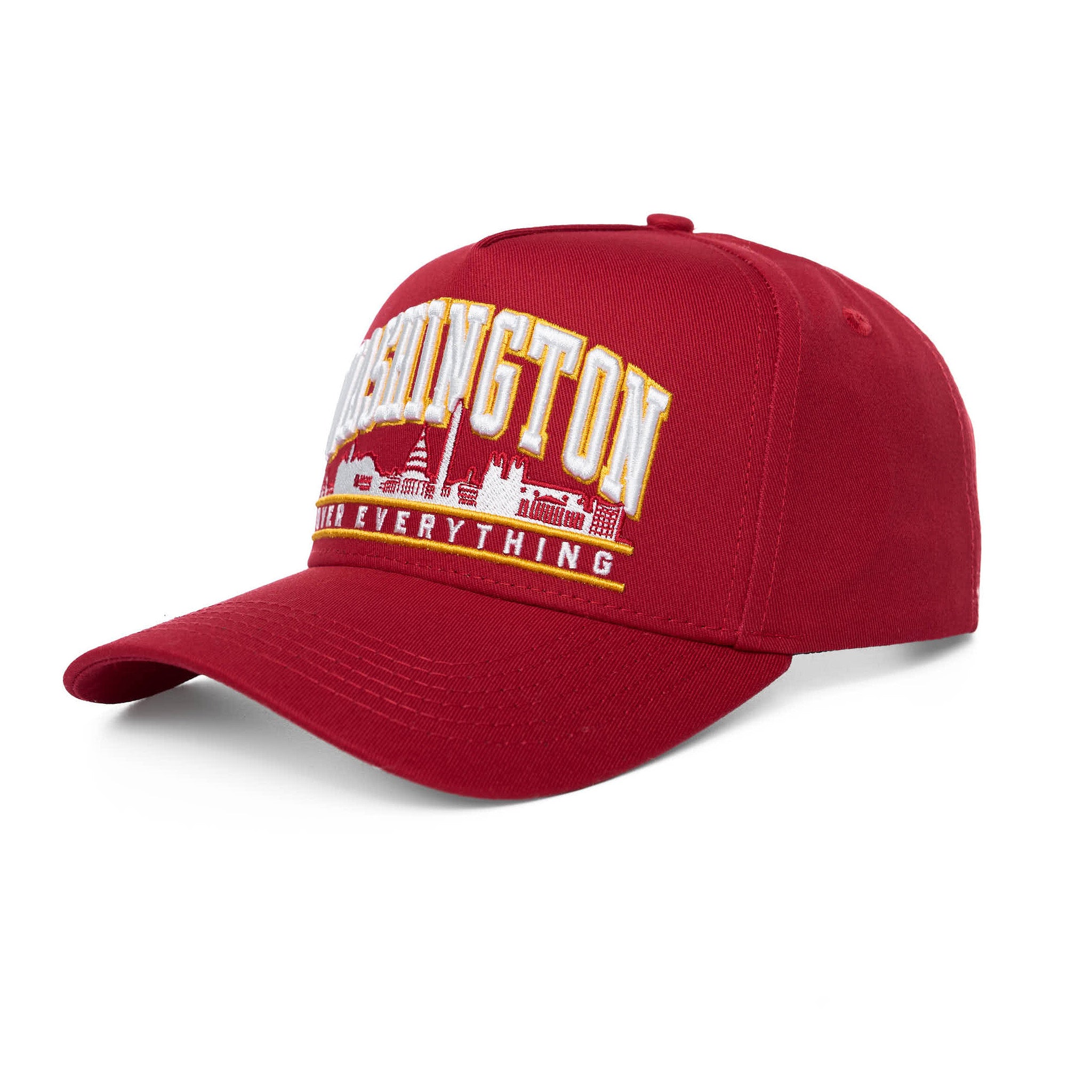 Red cap with 'Washington Over Everything' text on a white background