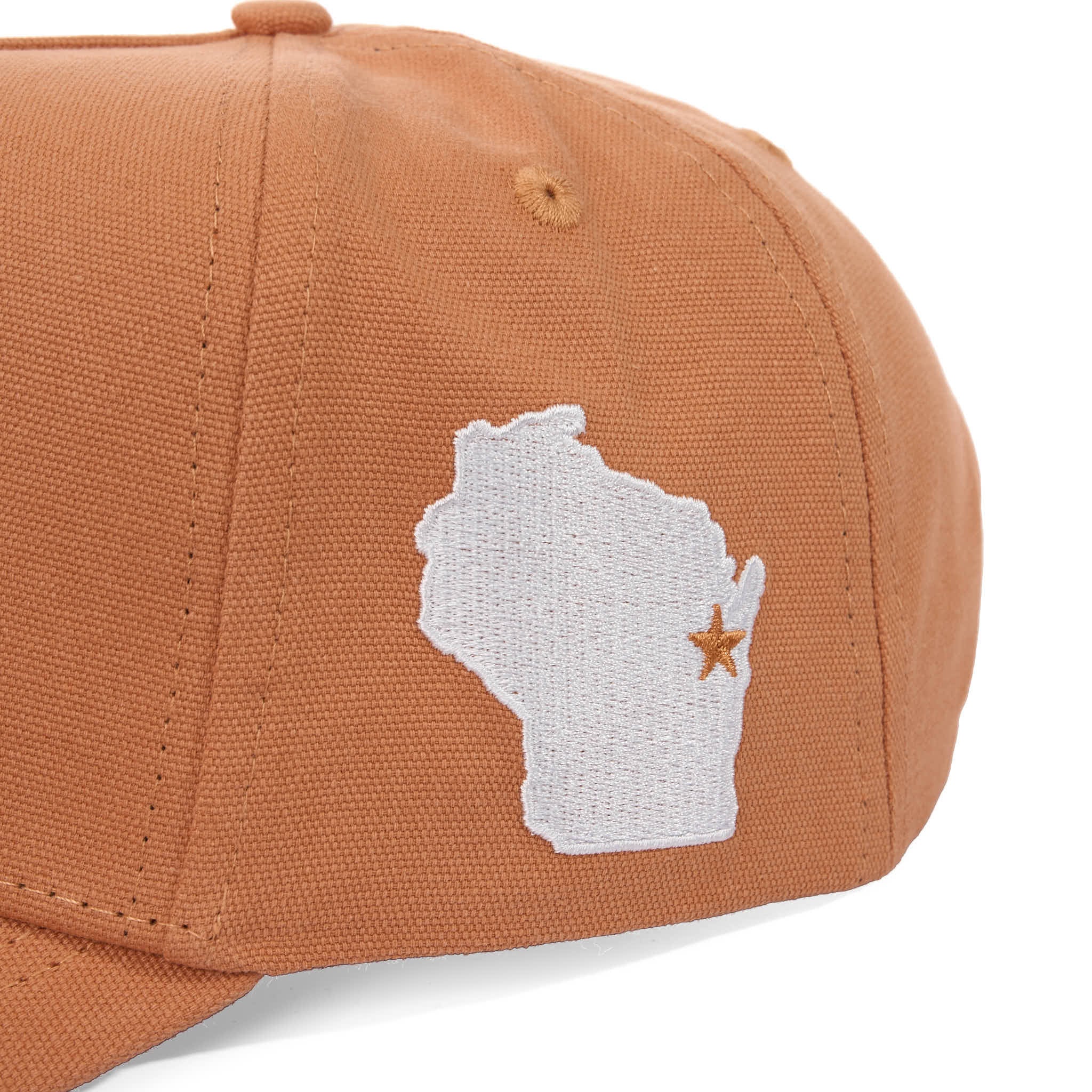 Brown cap with a white embroidered design of Wisconsin on a white background