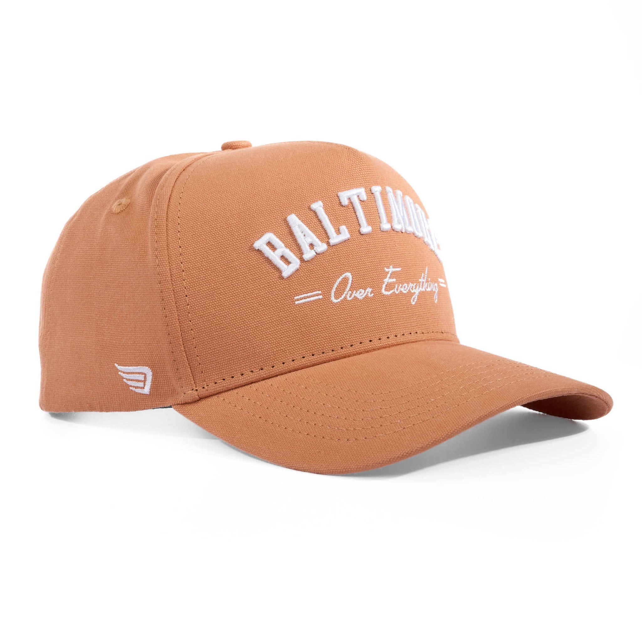 Brown cap with 'Baltimore Over Everything' text on a white background