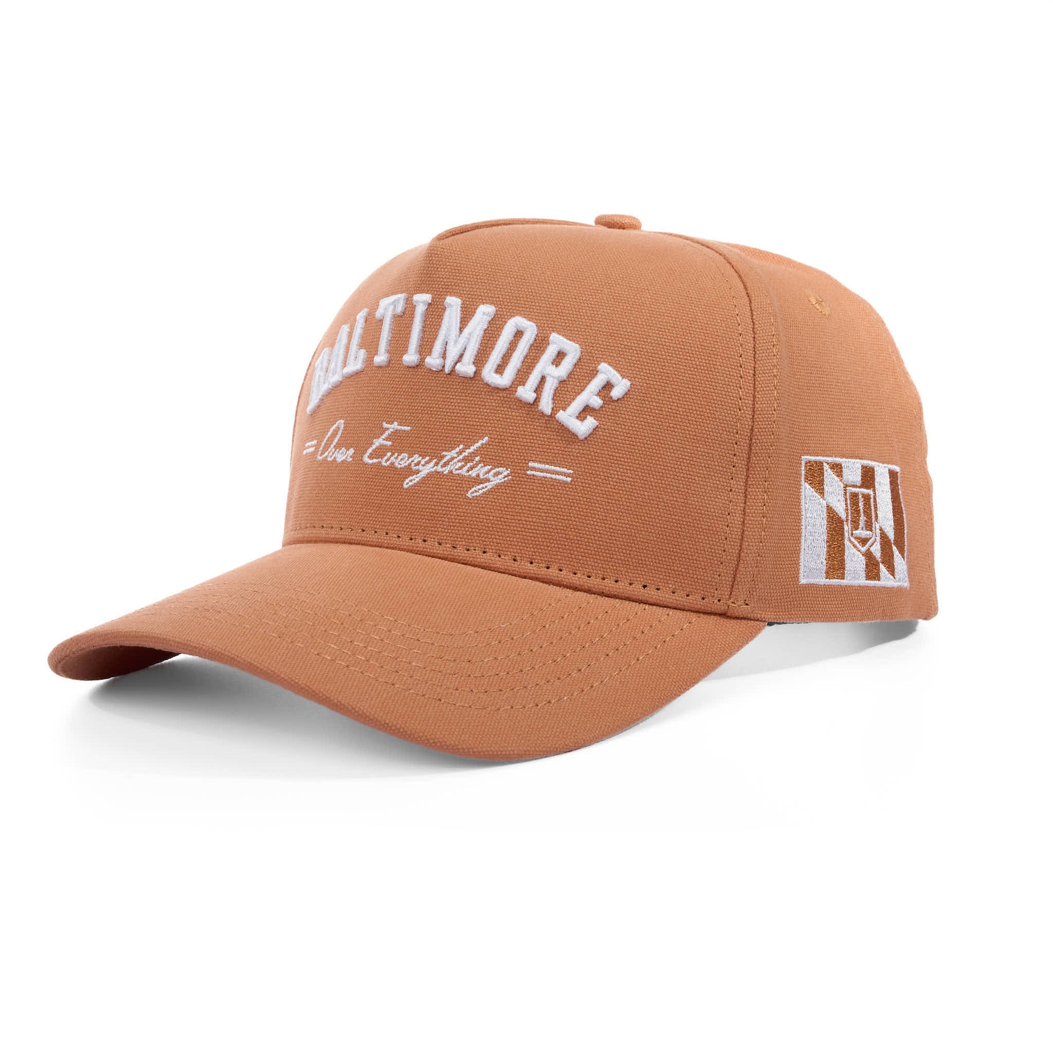 Brown cap with 'Baltimore Over Everything' text on a white background