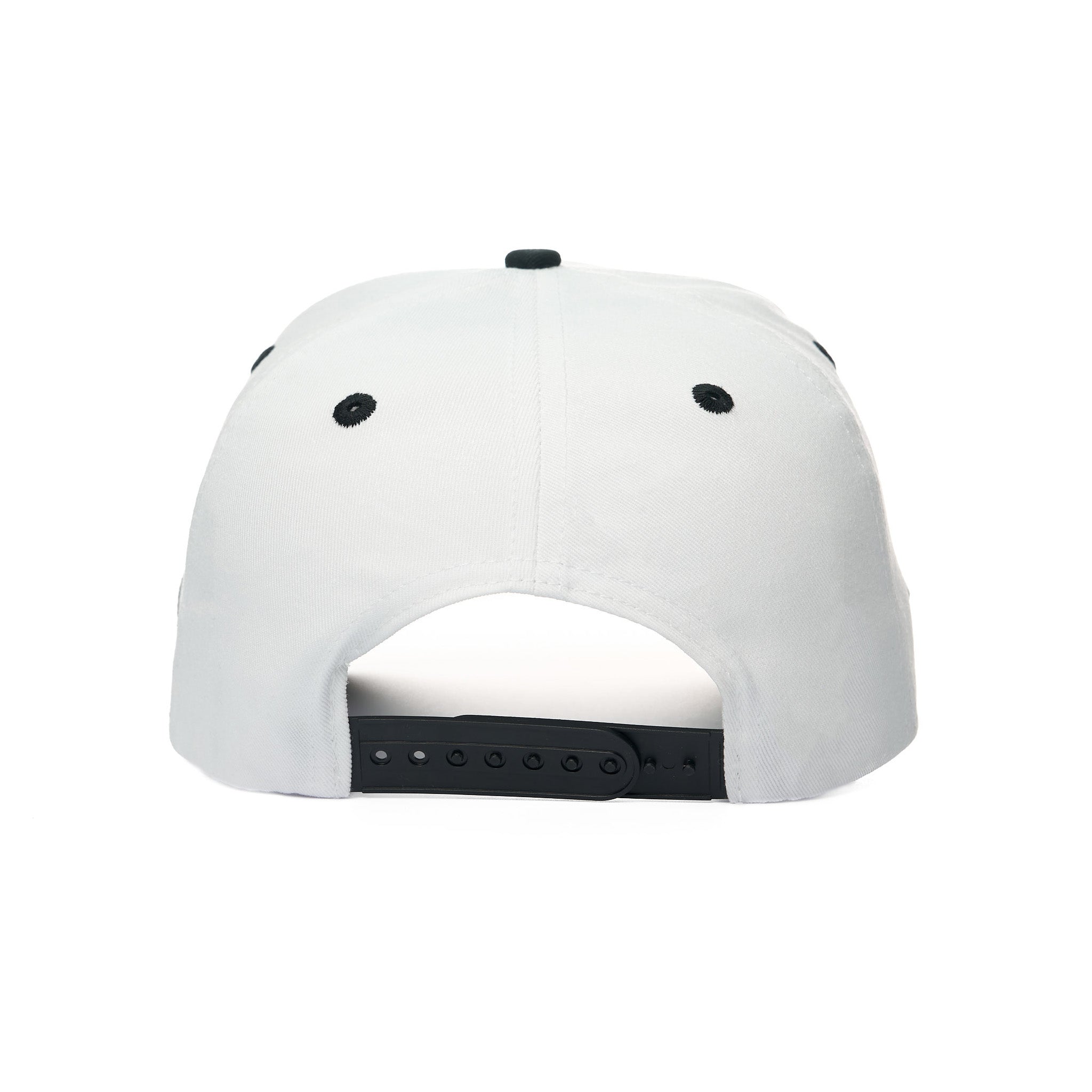 White cap with black accents on a white background