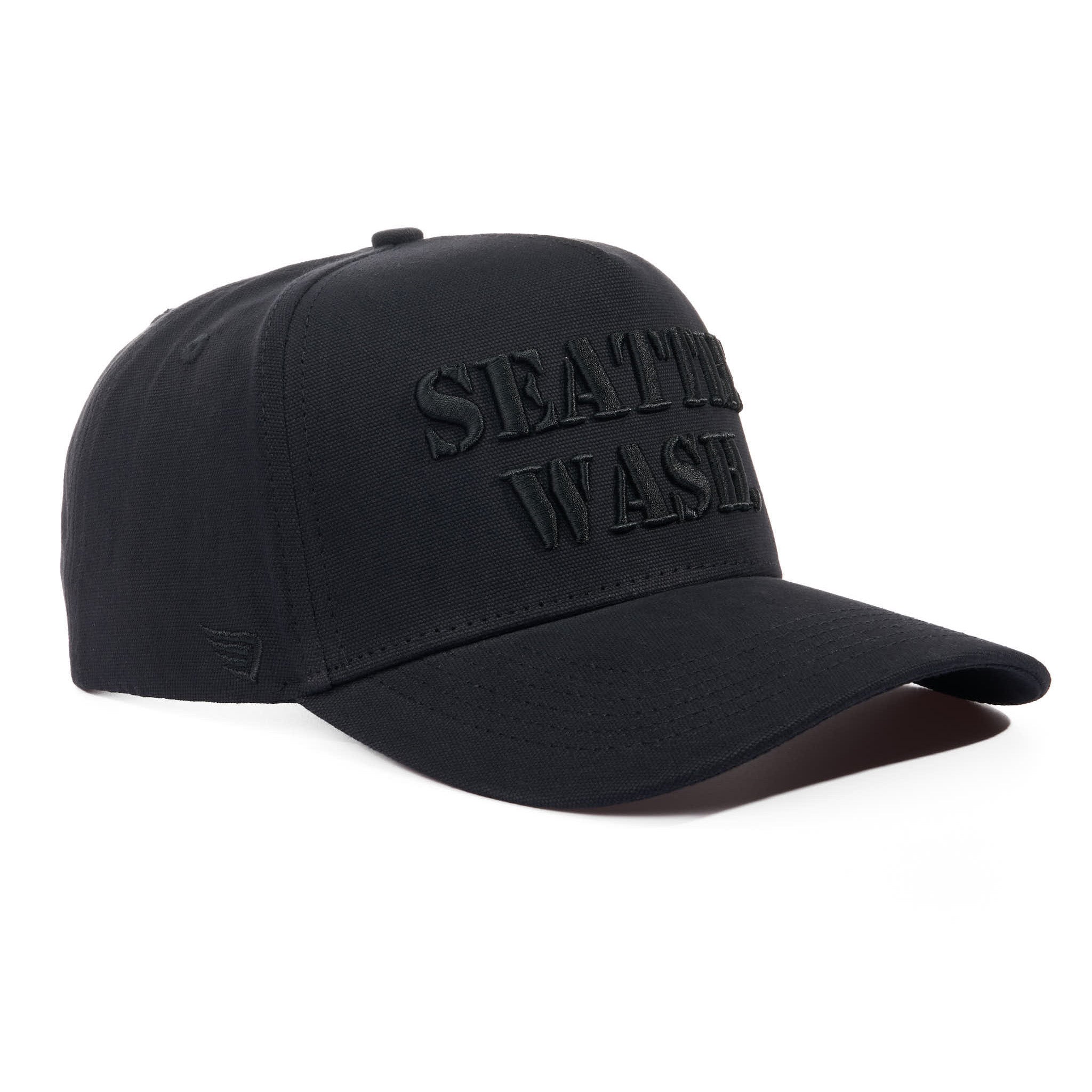 Black cap with 'Seattle, WA' text on a white background