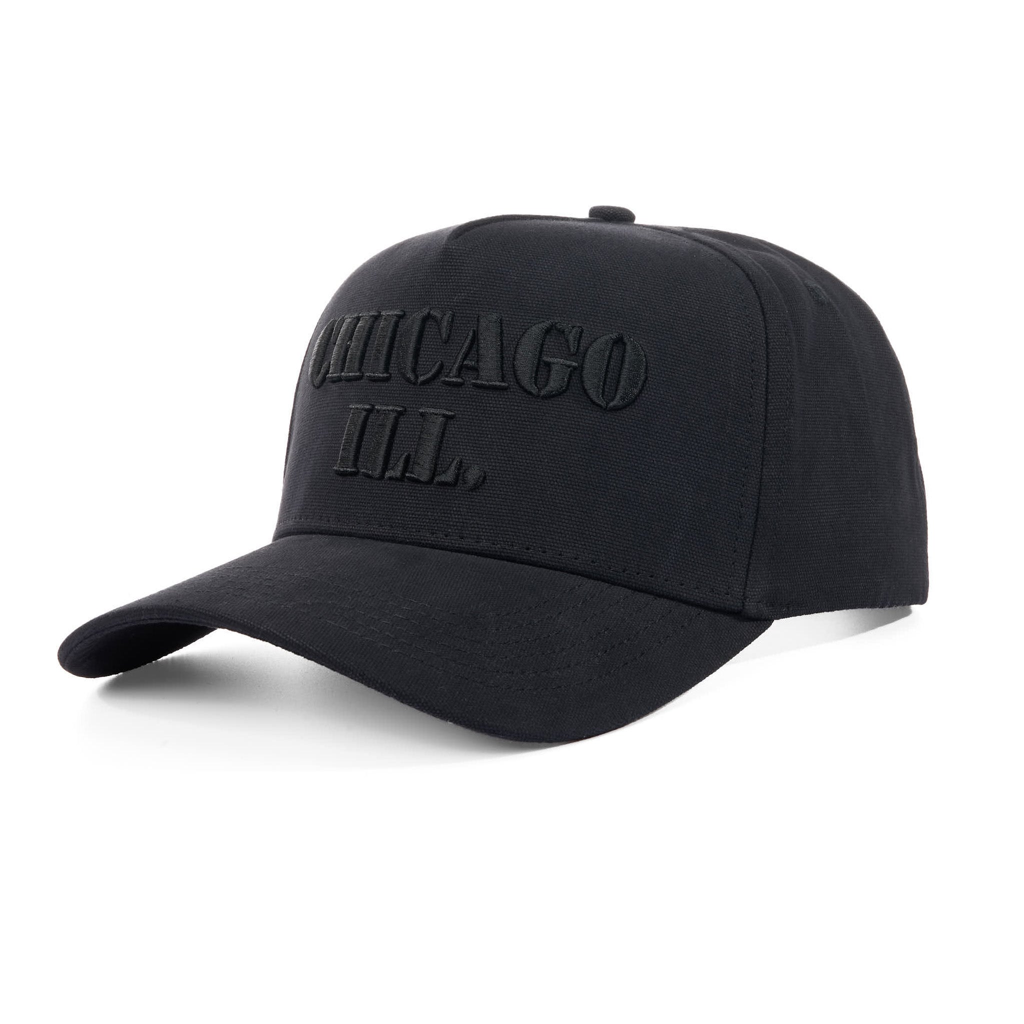 Black cap with 'Chicago IL' text on a white background