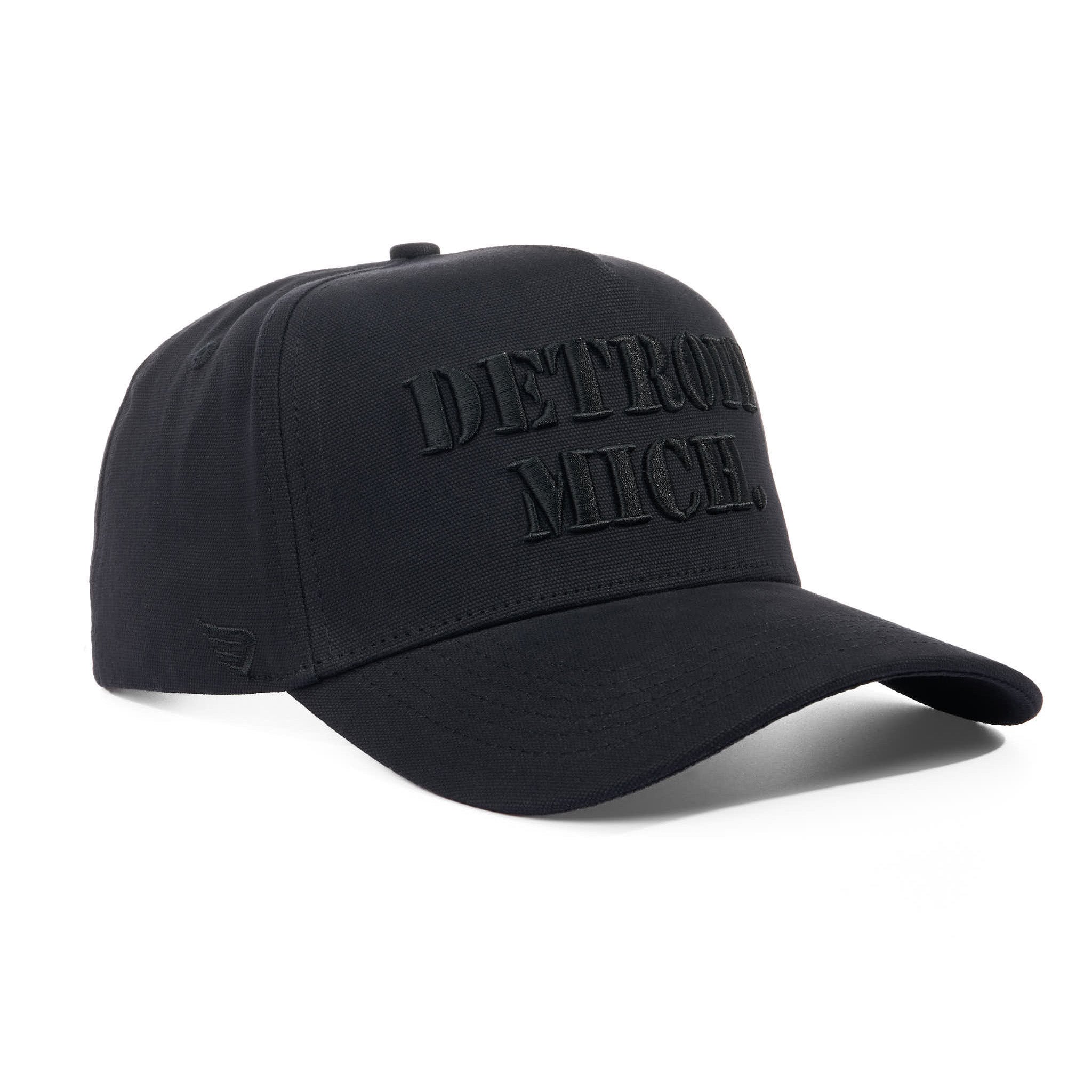 Black cap with 'Detroit Michigan' text on a white background