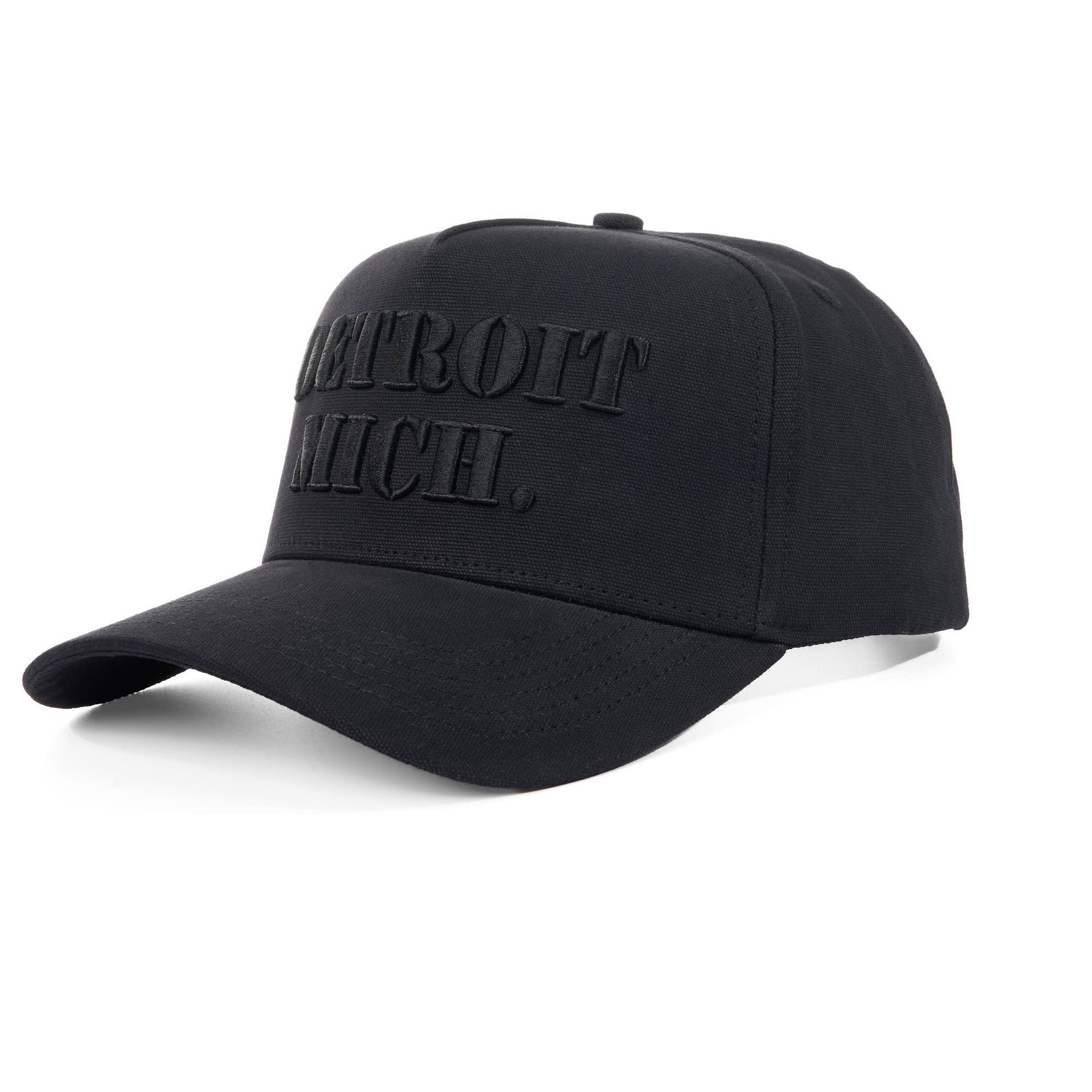 Black cap with 'Detroit Mich.' text on a white background
