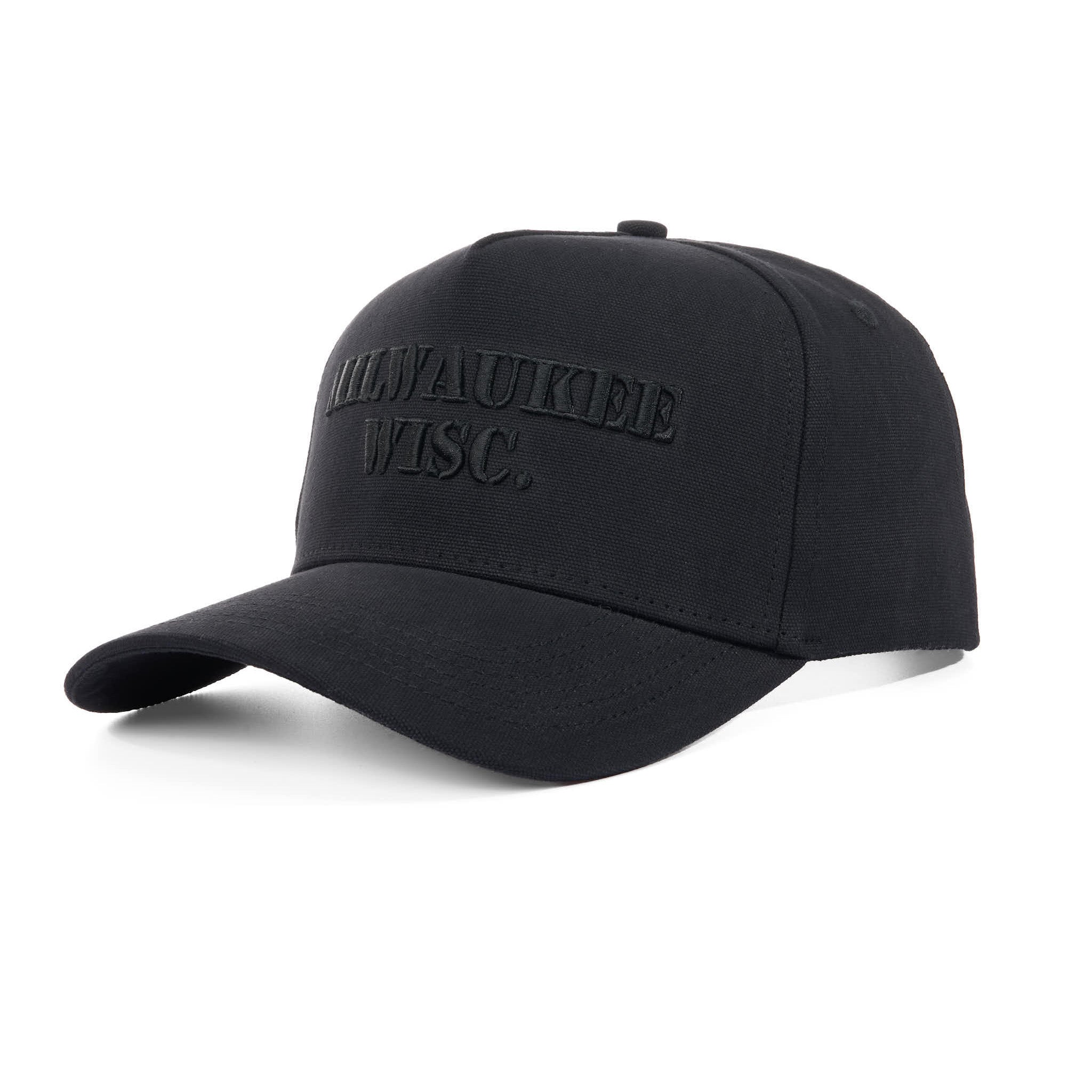 Black cap with 'Milwaukee Wisc.' text on a white background