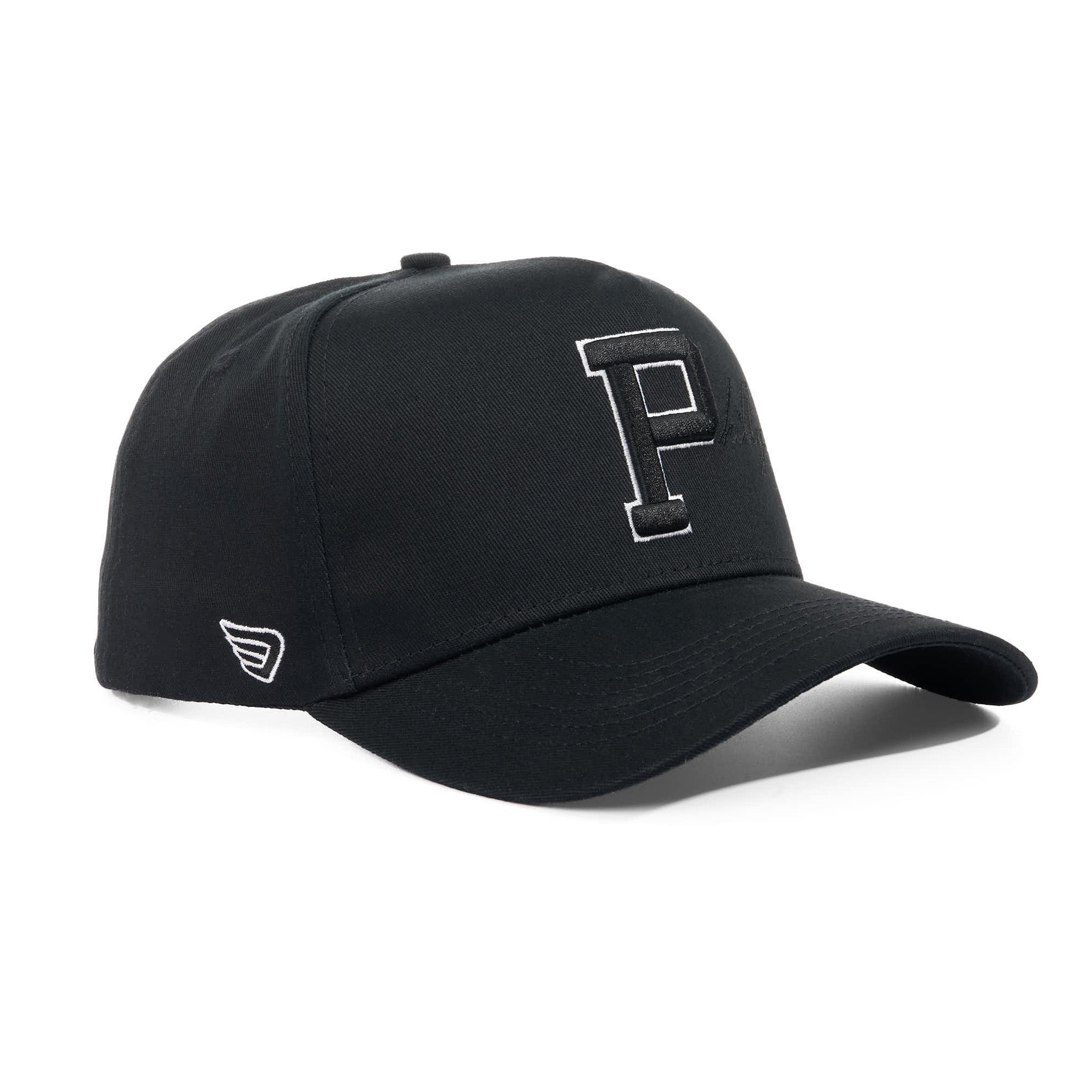 Black cap with a p on a white background