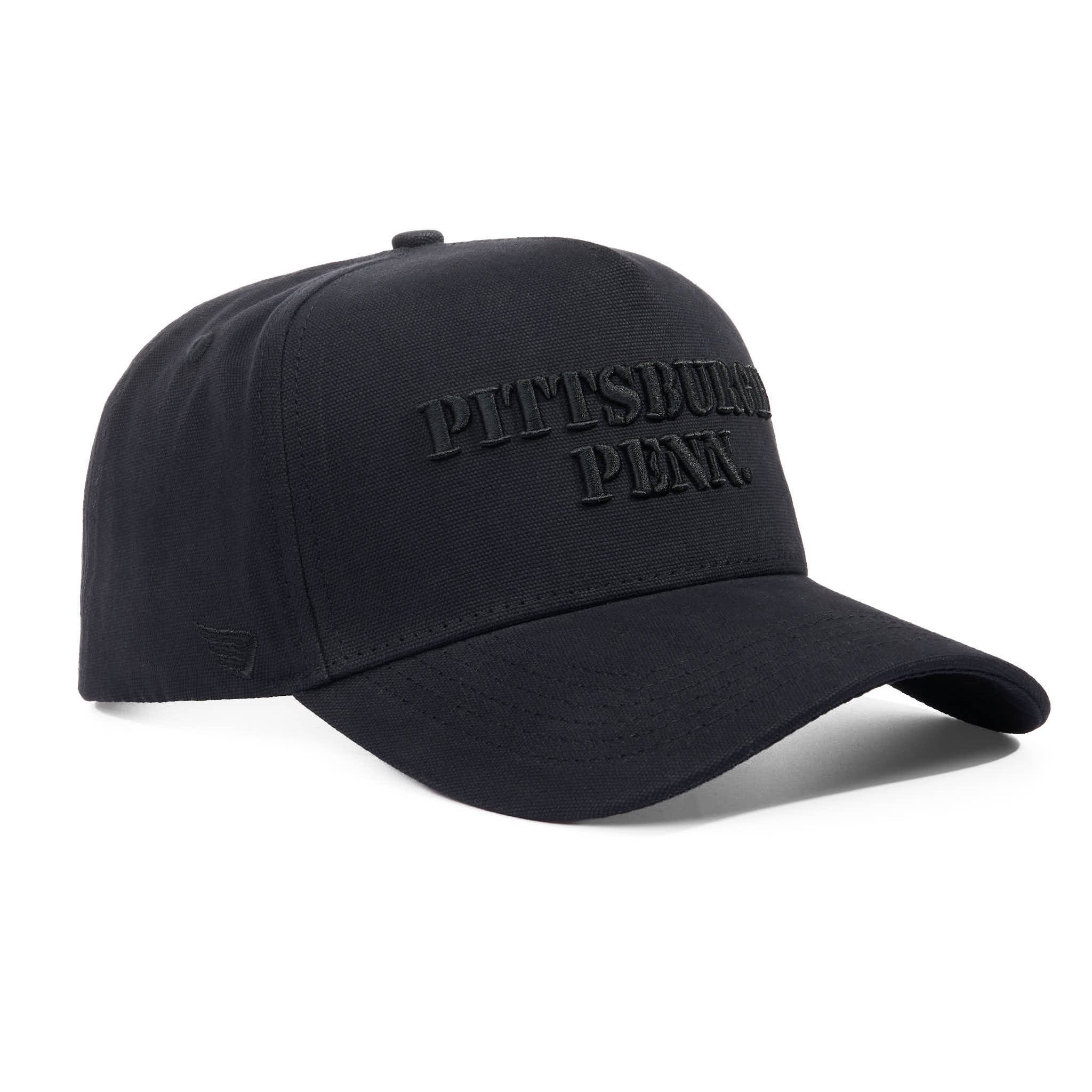 Black cap with 'Pittsburgh' text on a white background