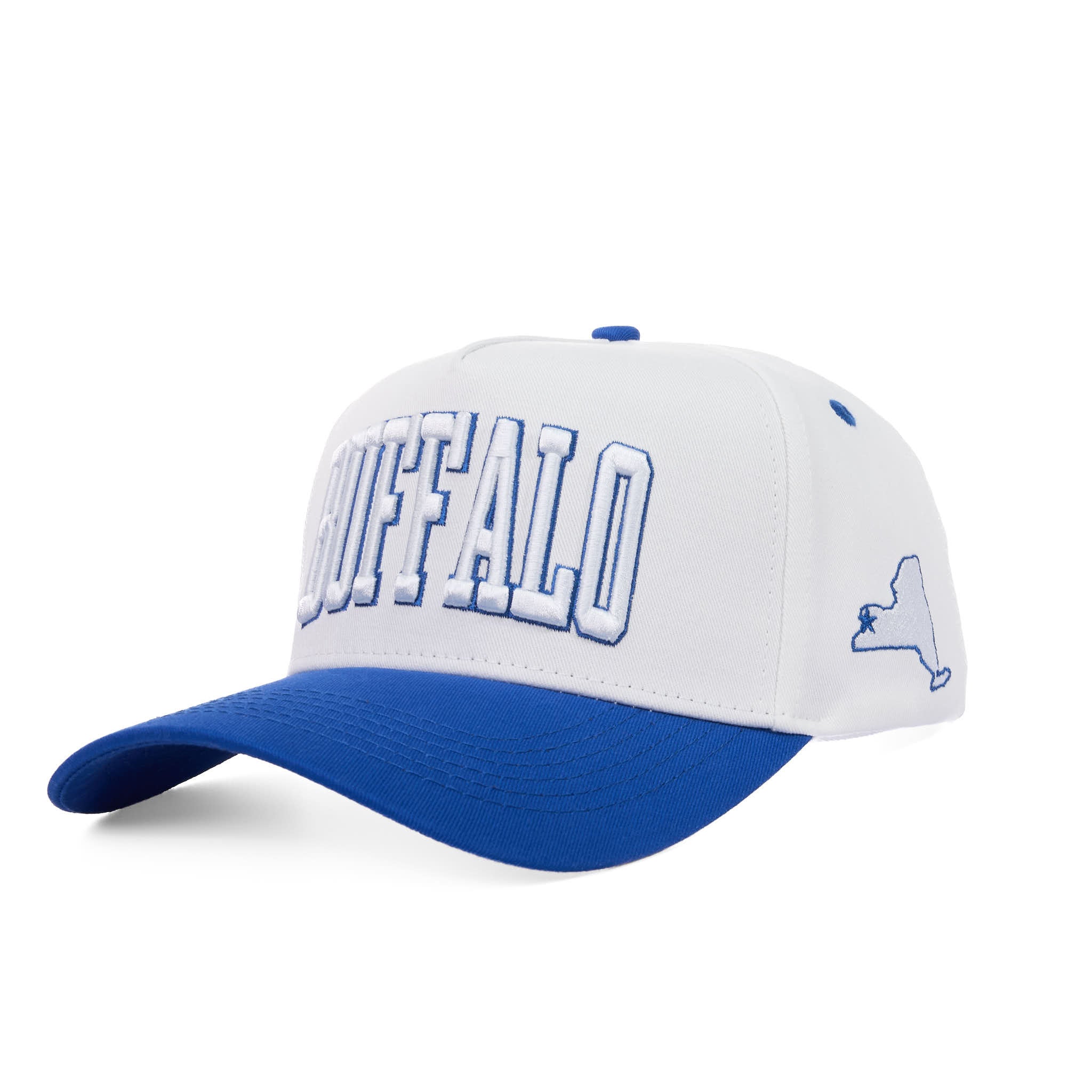 White and blue cap with 'BUFFALO' text on a white background
