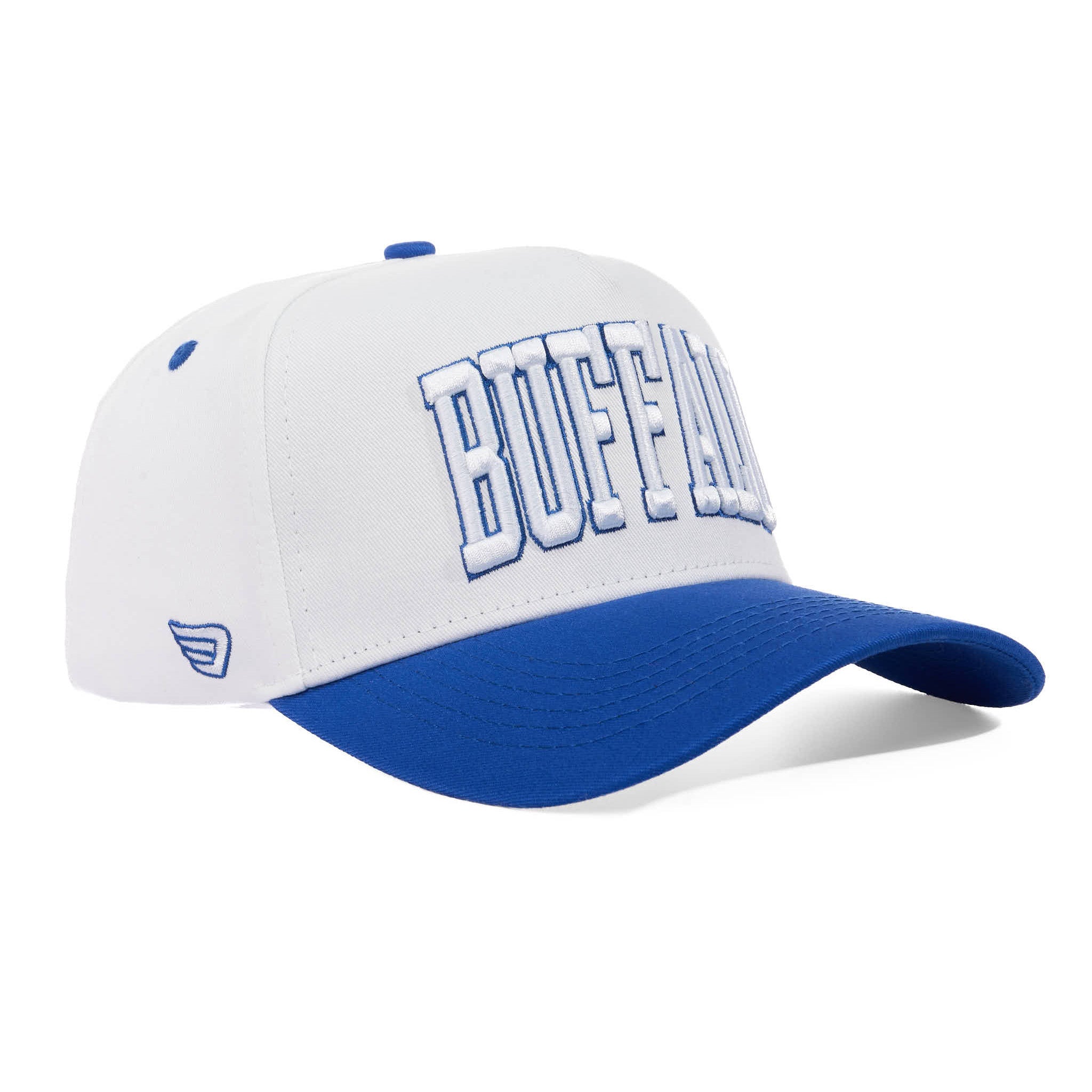 White and blue cap with 'BUFFALO' text on a white background