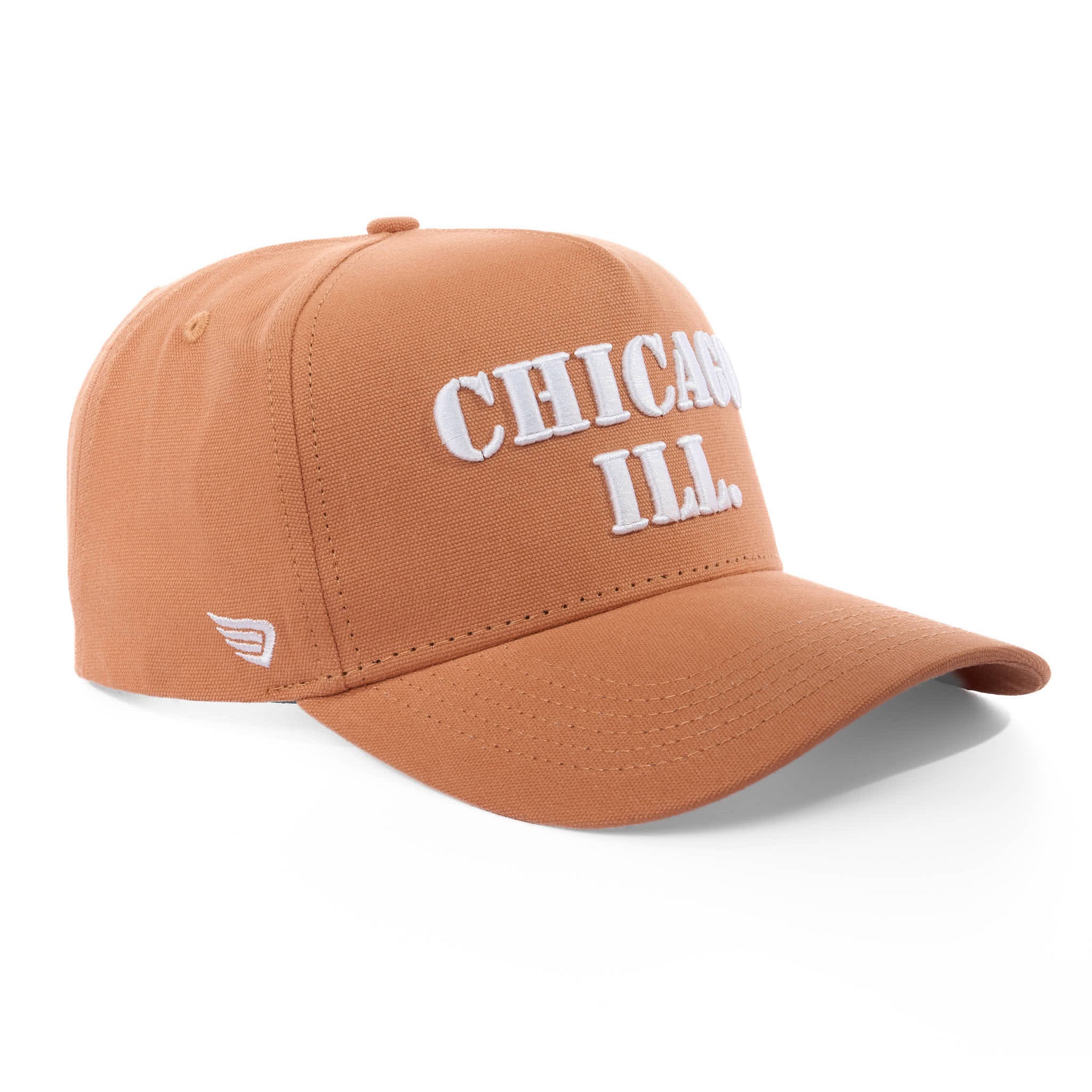 Brown cap with 'Chicago, Ill.' text on a white background