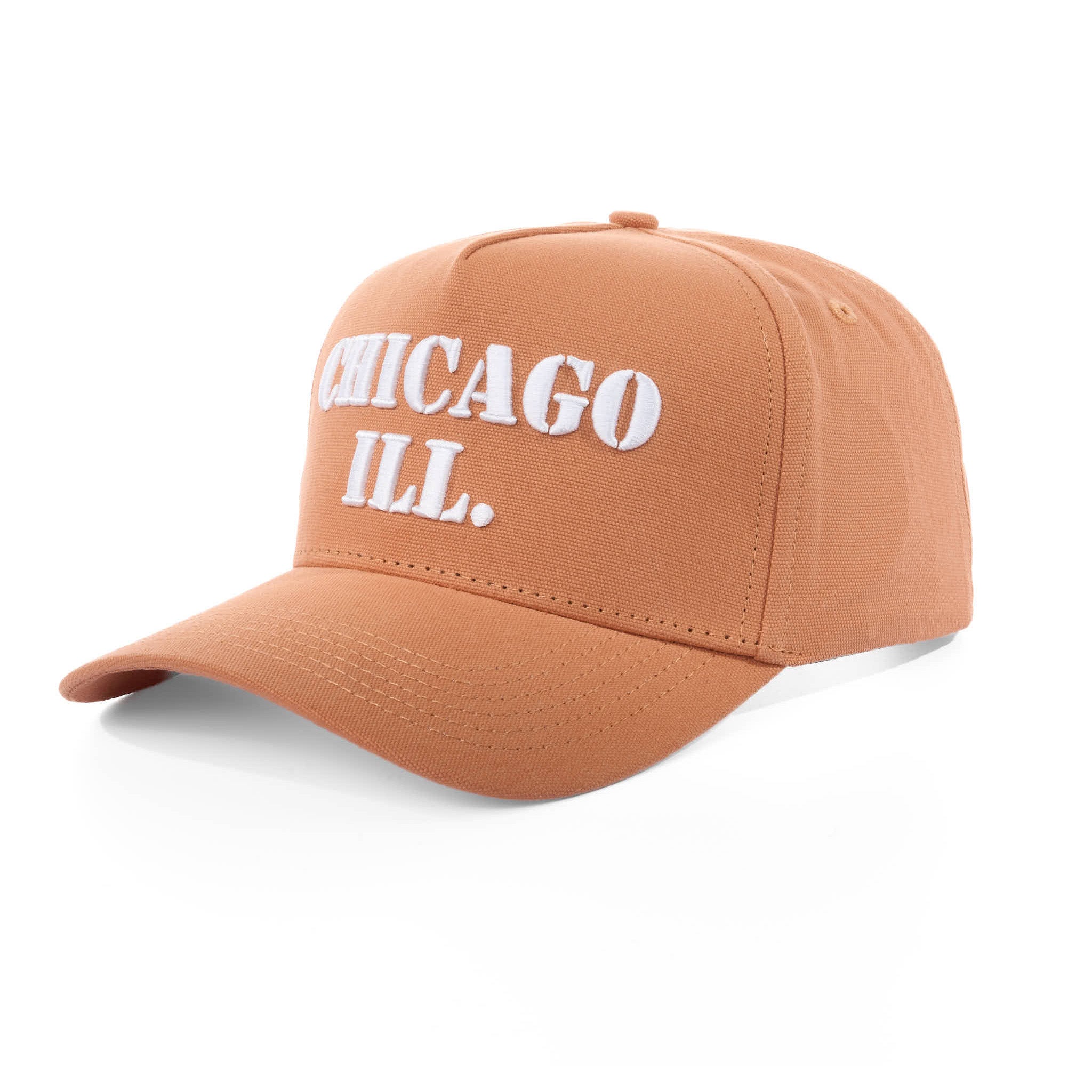 Brown cap with 'Chicago Ill.' text on a white background