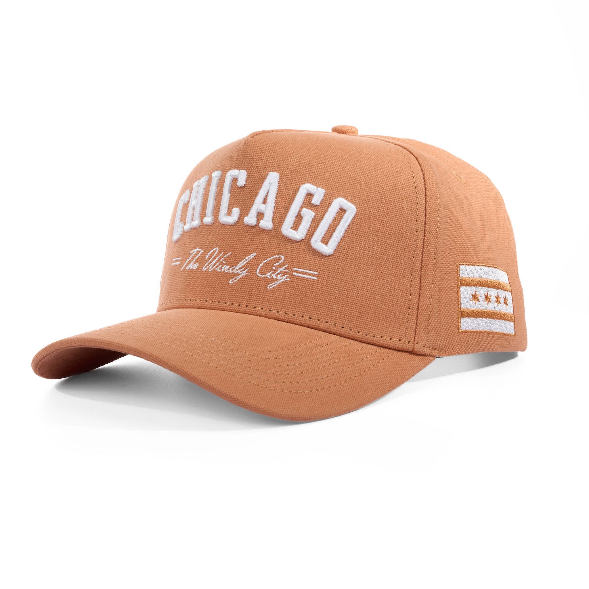 Brown cap with 'Chicago' and 'The Windy City' text on a white background