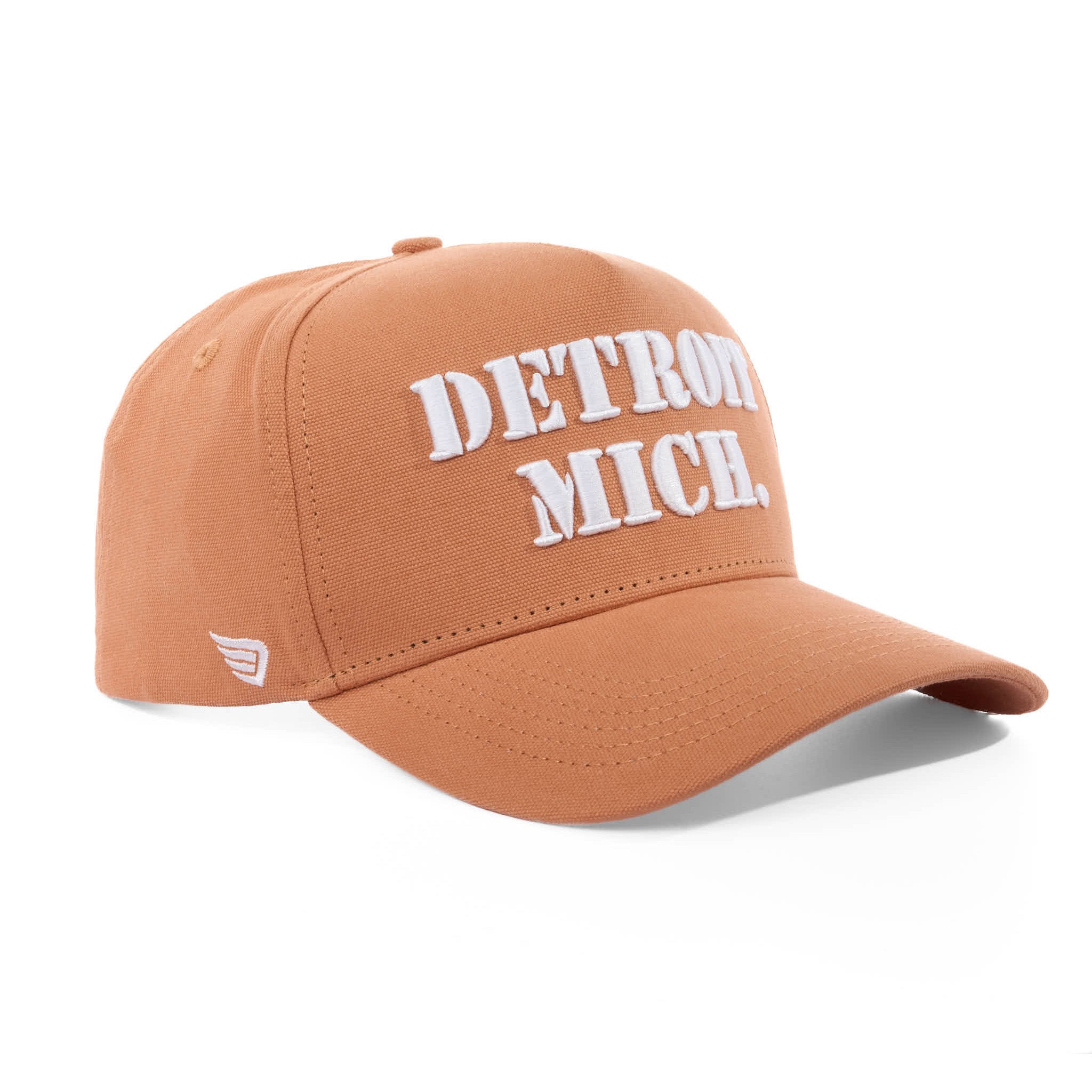 Brown cap with 'Detroit Mich' text on a white background