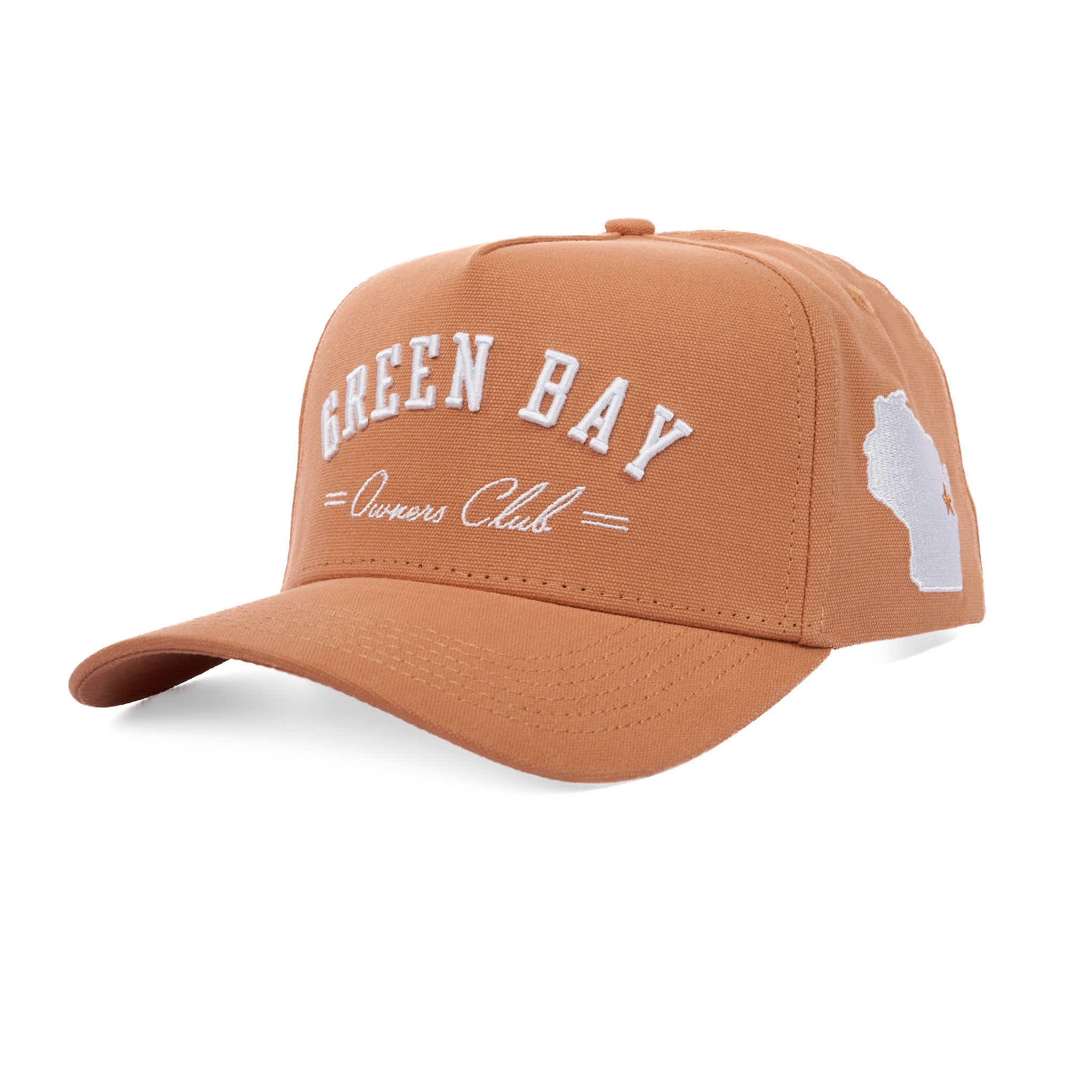 Brown cap with 'Green Bay Owners Club' text and a map of Wisconsin on a white background