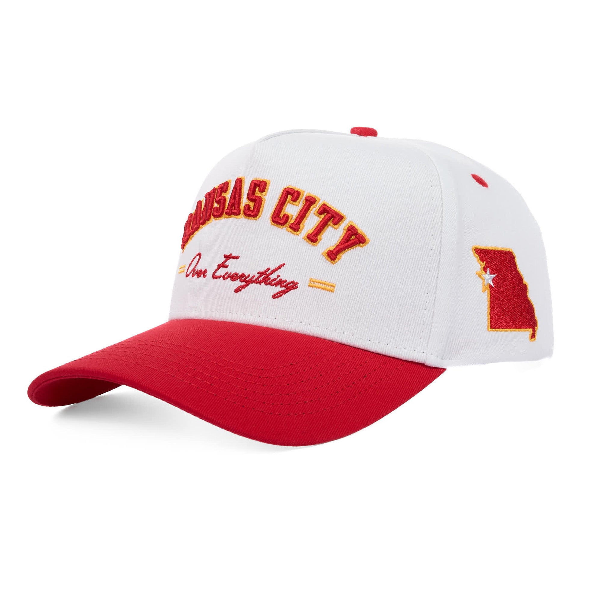 Red and white cap with 'Kansas City Over Everything' text and Missouri state outline on a white background