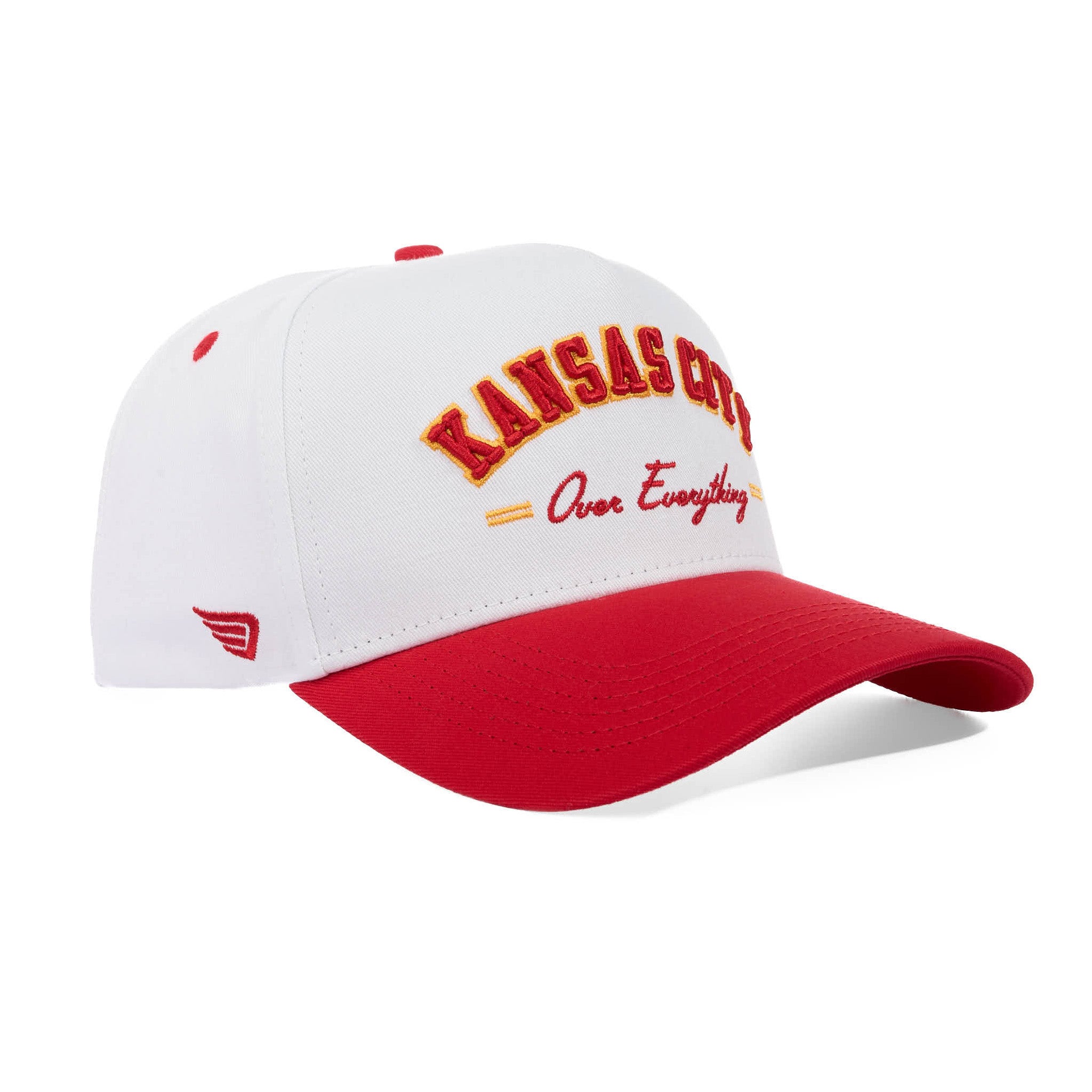 White and red cap with 'Kansas City' text on a white background