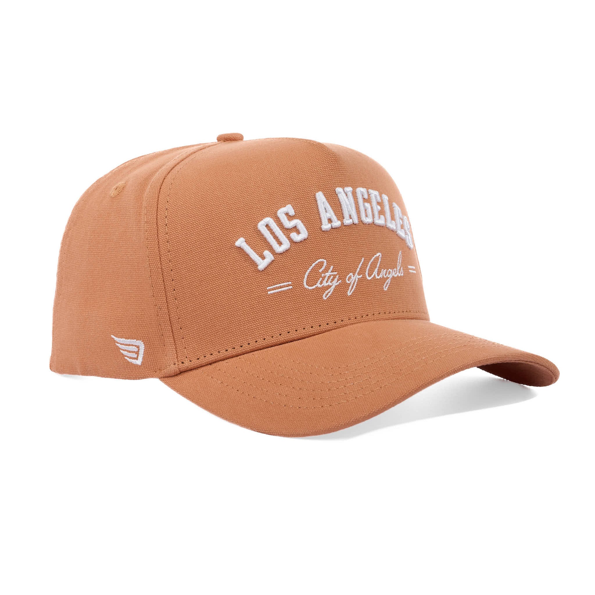 Brown cap with 'Los Angeles City of Angels' text on a white background