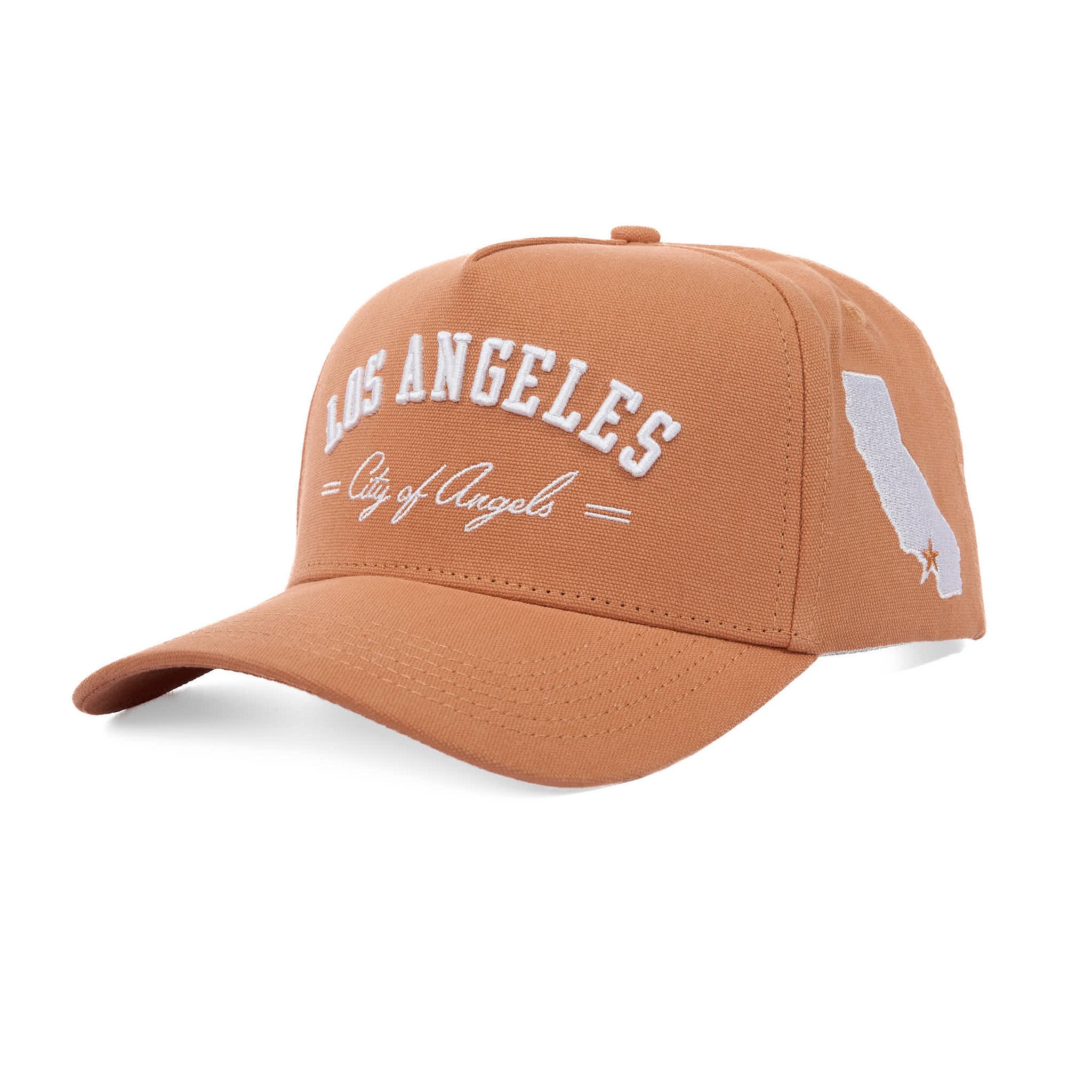 Brown cap with 'Los Angeles City of Angels' text and California outline on a white background