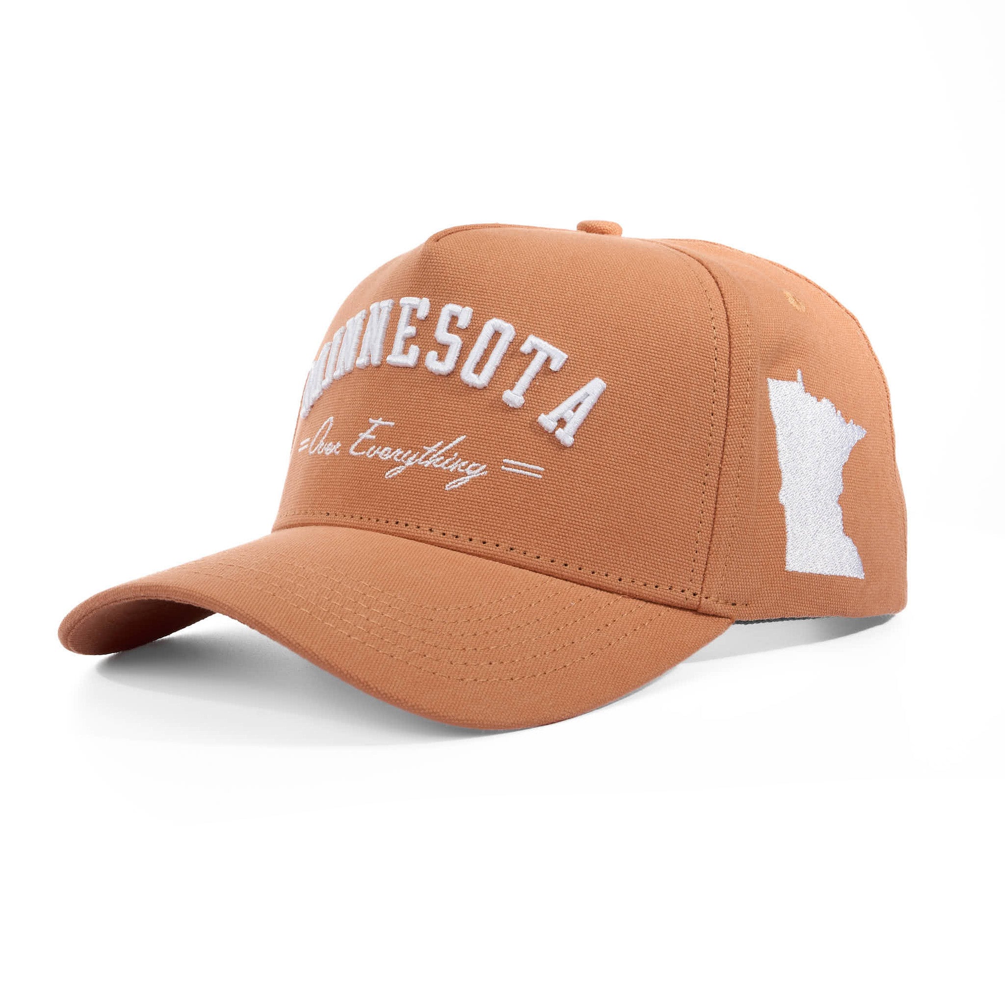Brown cap with 'Minnesota Over Everything' text and state outline on a white background