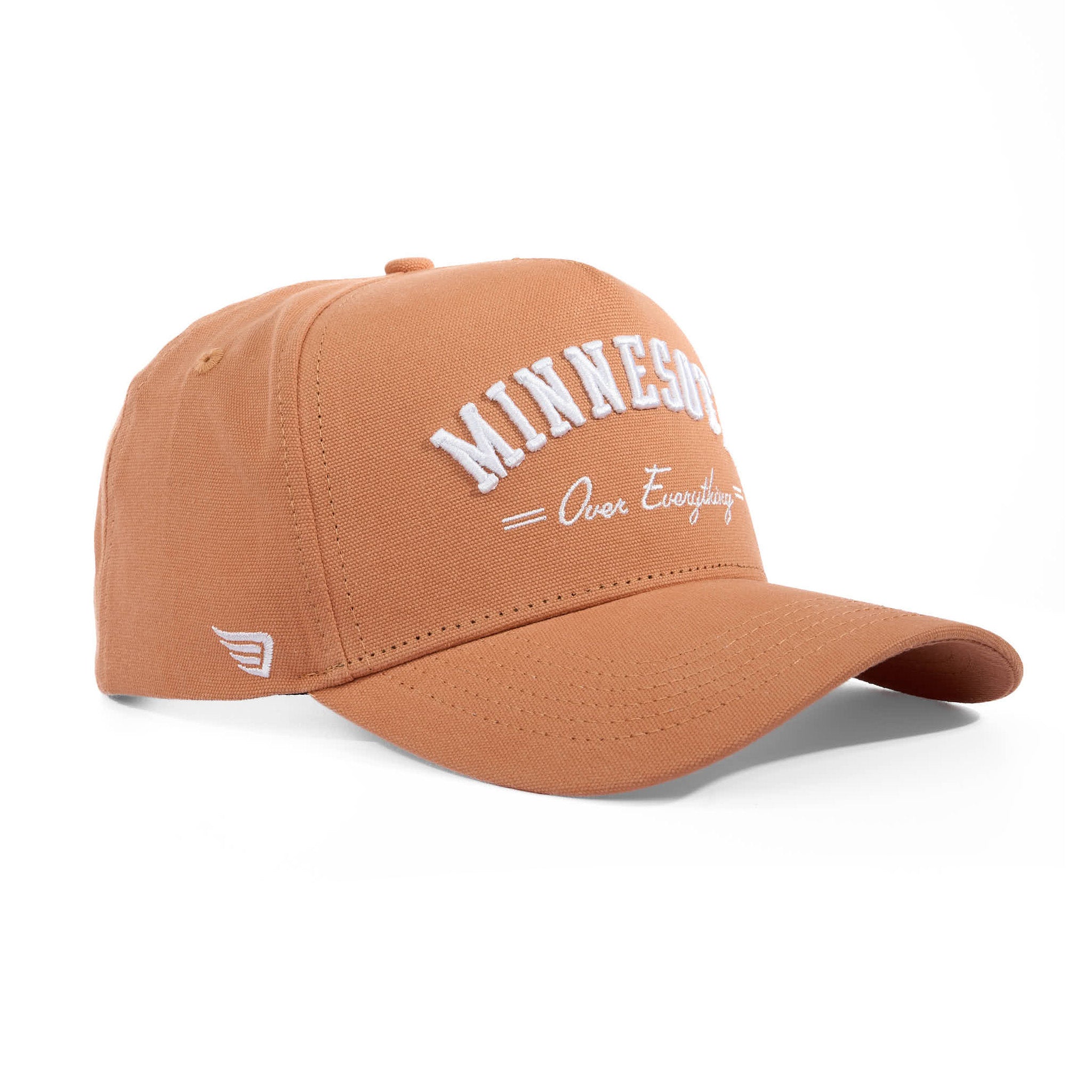 Brown cap with 'Minnesota Over Everything' text on a white background