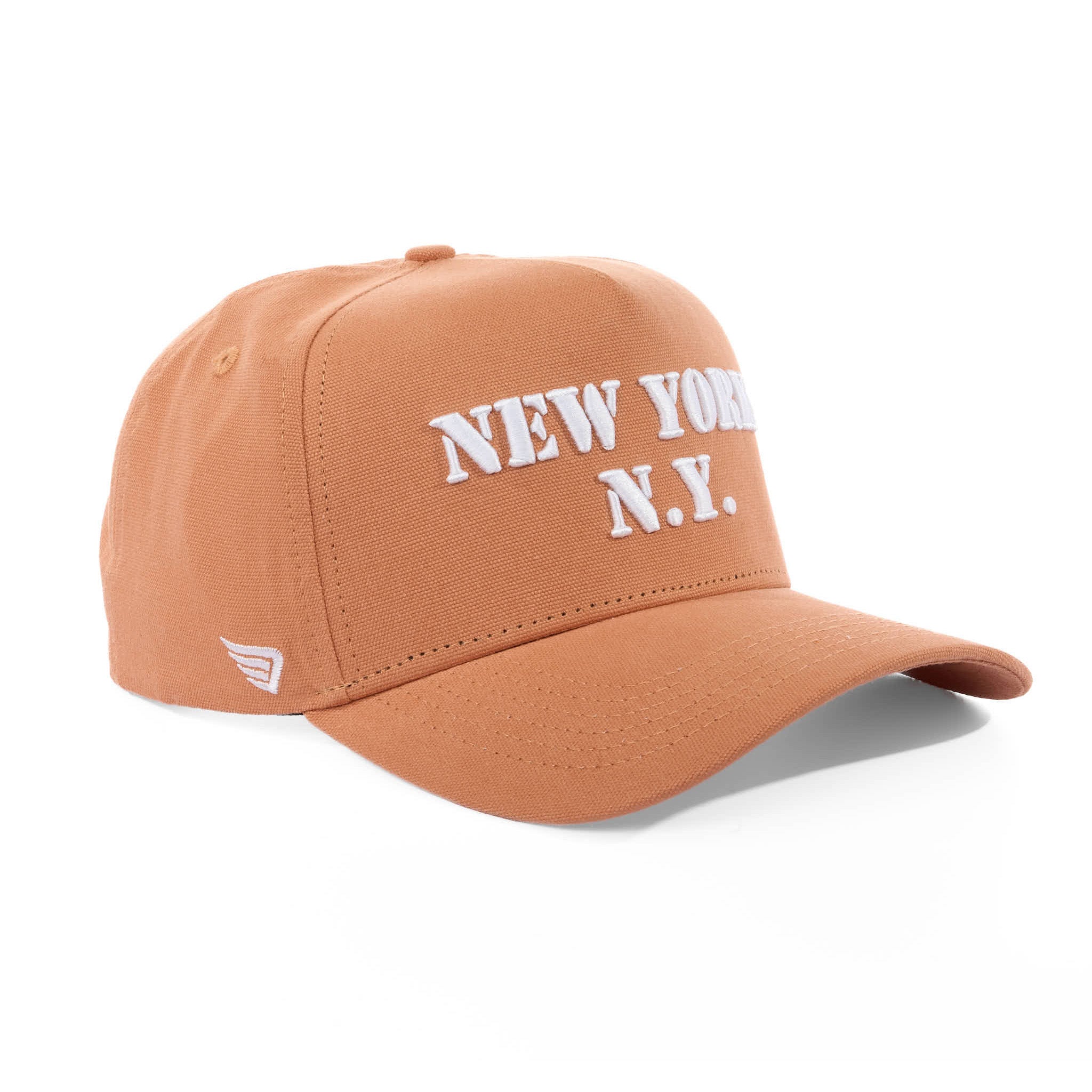 Brown cap with 'New York N.Y.' text on a white background