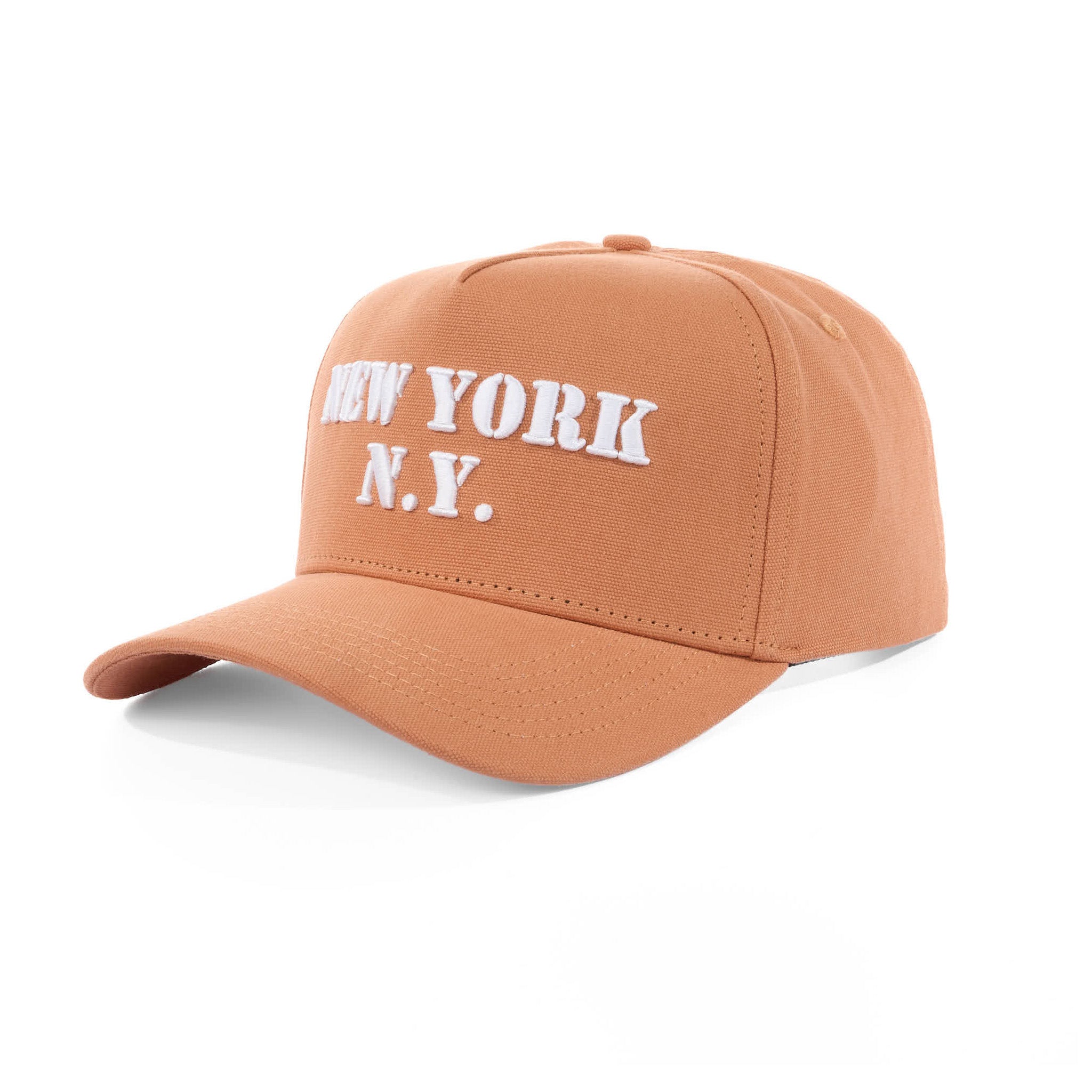 Brown cap with 'New York N.Y.' text on a white background