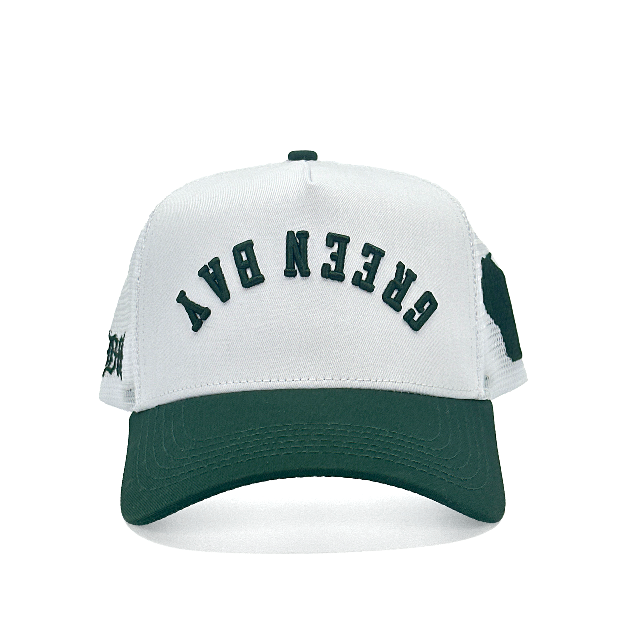 GREEN BAY UPSIDE DOWN TRUCKER HAT - WHITE/GREEN