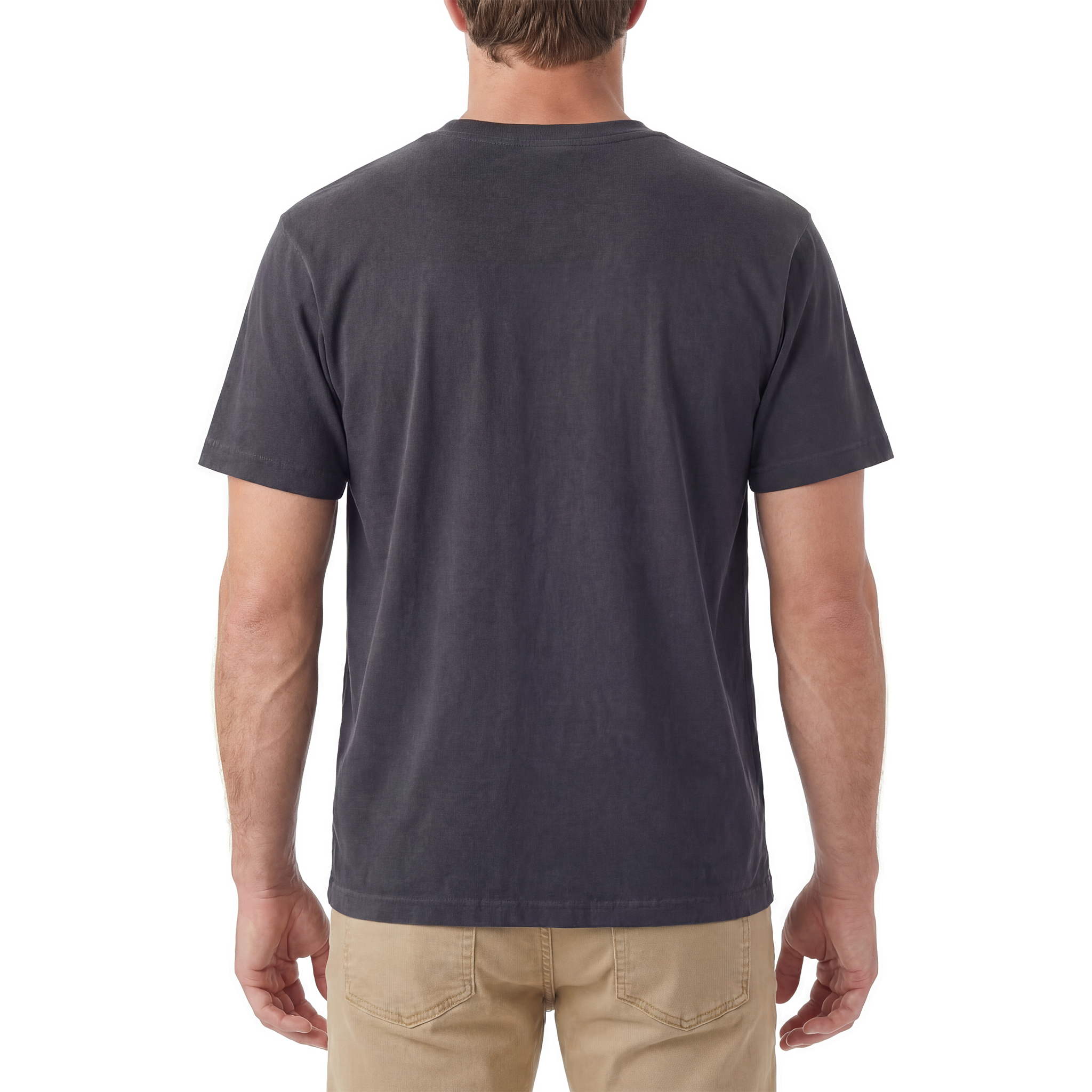 Person wearing a black t-shirt on a white background