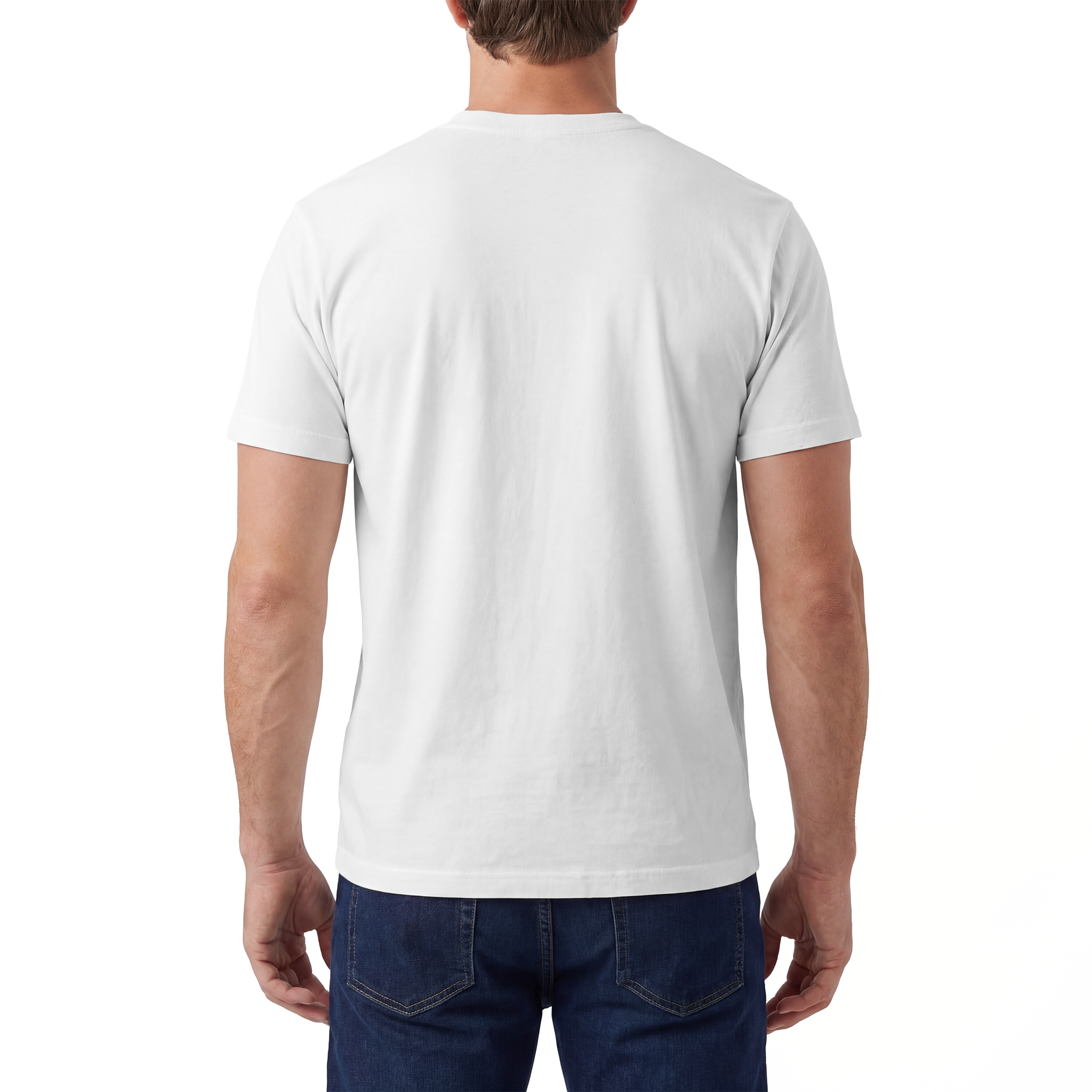 Person wearing a plain white t-shirt on a white background
