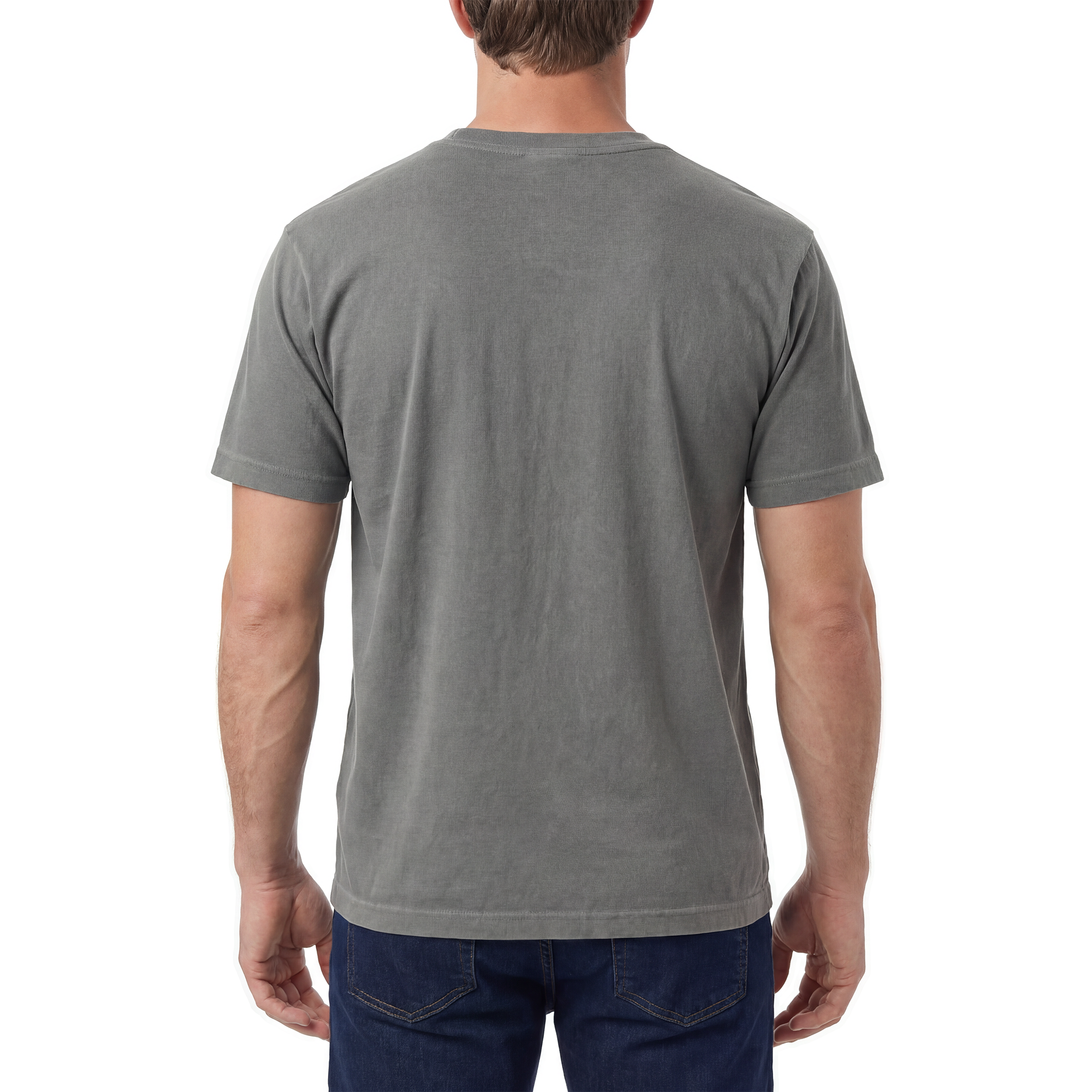 Man wearing a gray t-shirt on a white background