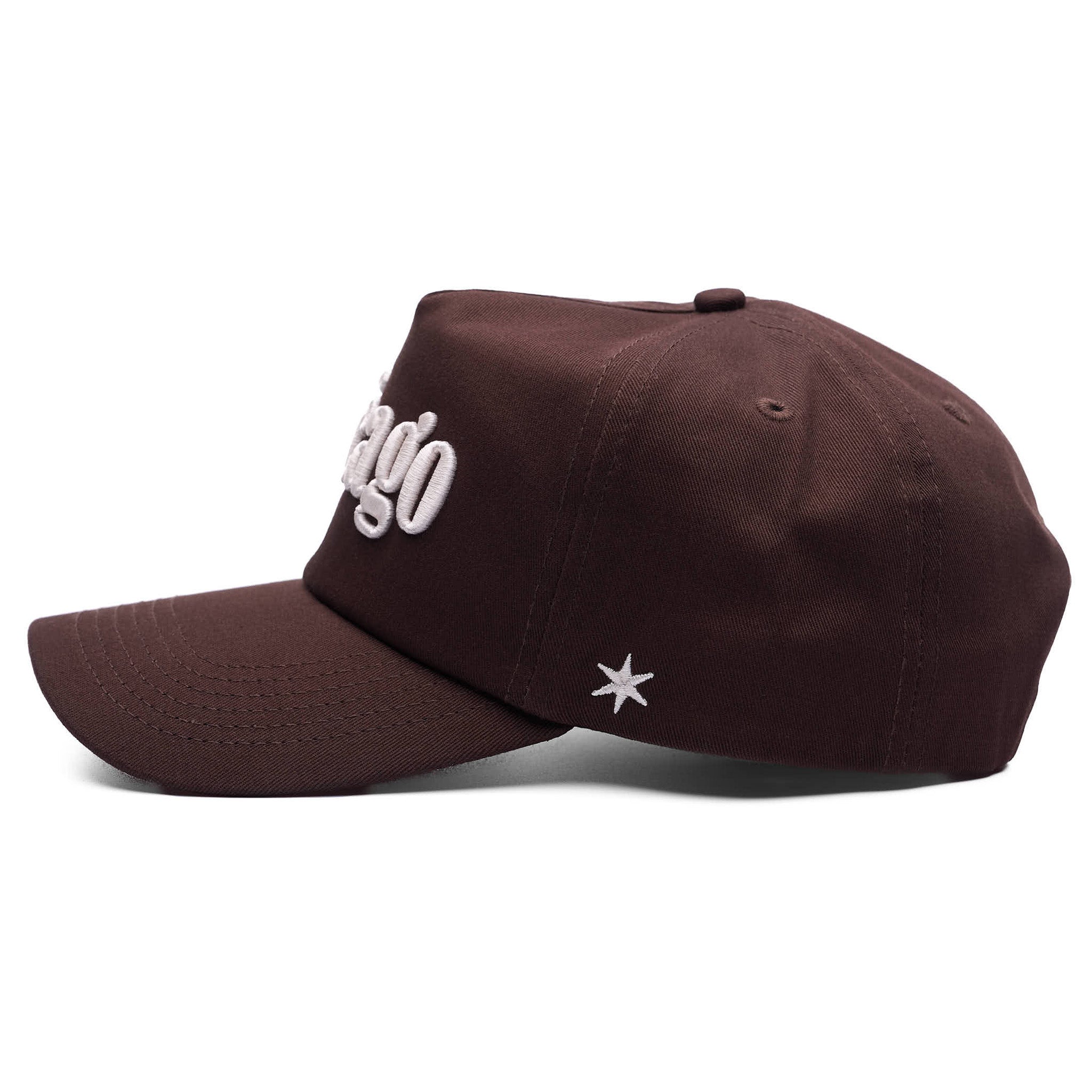 Brown hat with white logo on a white background
