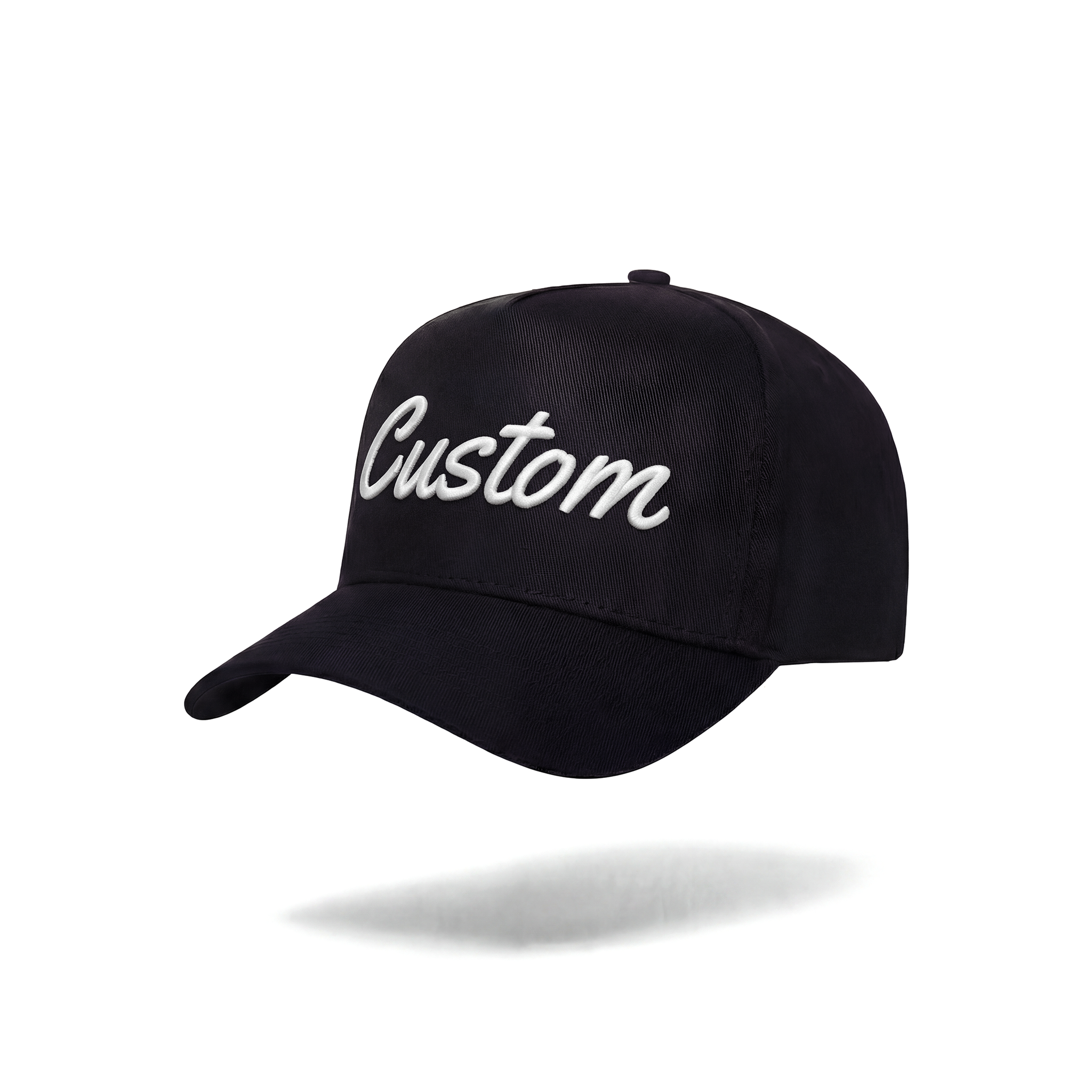 Black cap with 'Custom' embroidered on a white background