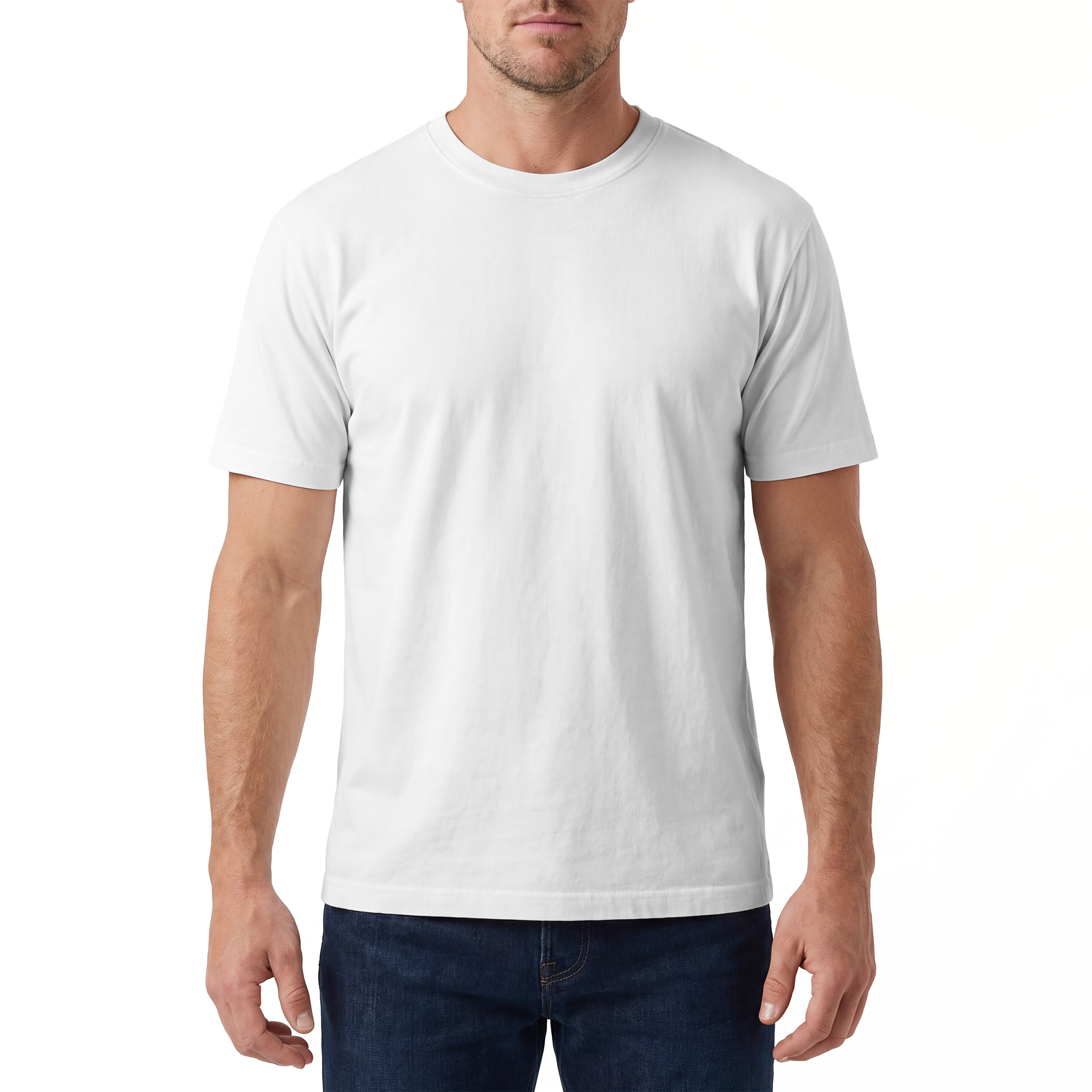 Man wearing a plain white t-shirt on a white background