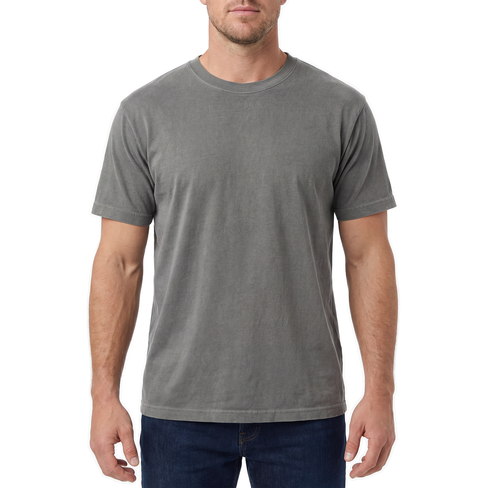 Man wearing a plain gray t-shirt on a white background