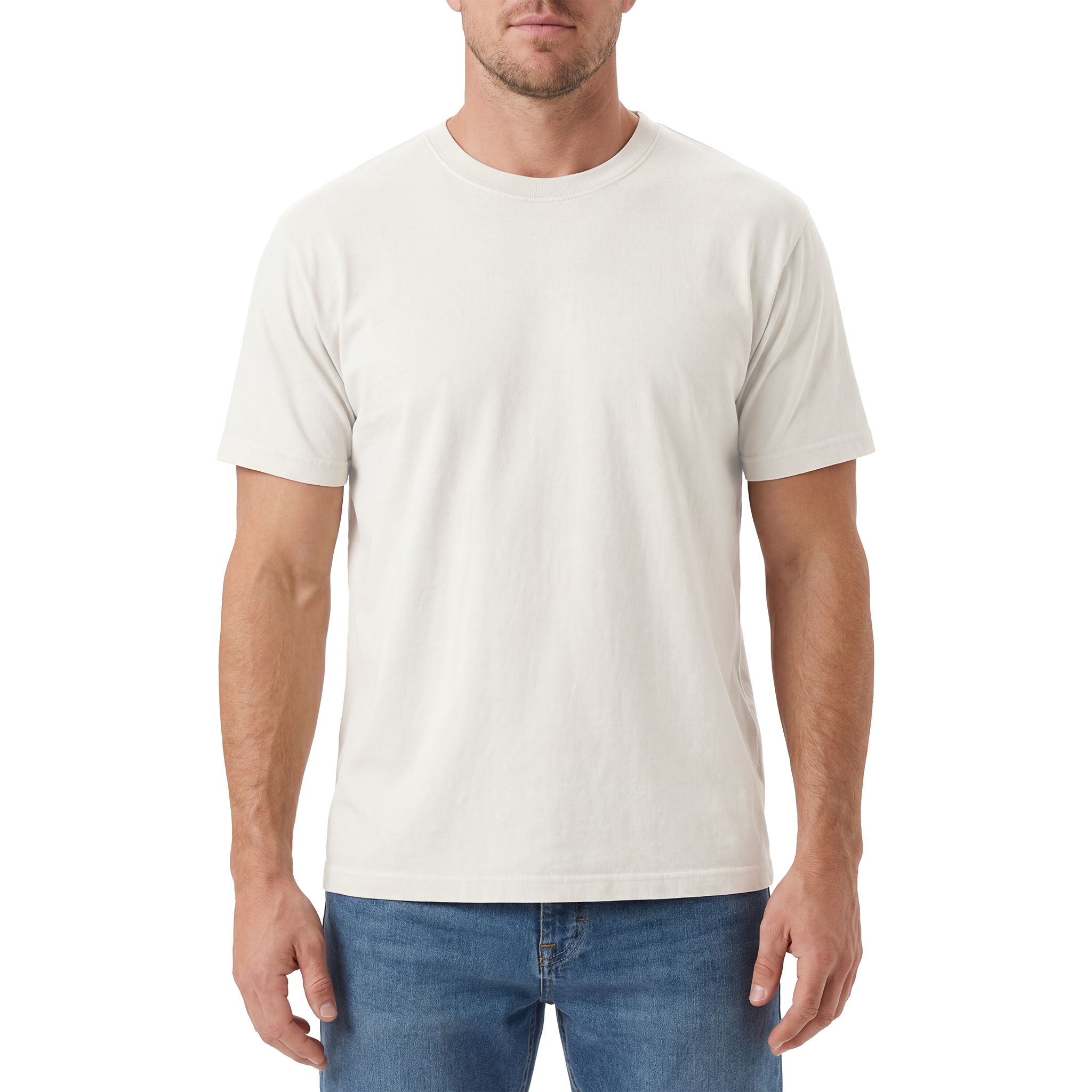 Man wearing a plain white t-shirt and blue jeans on a white background