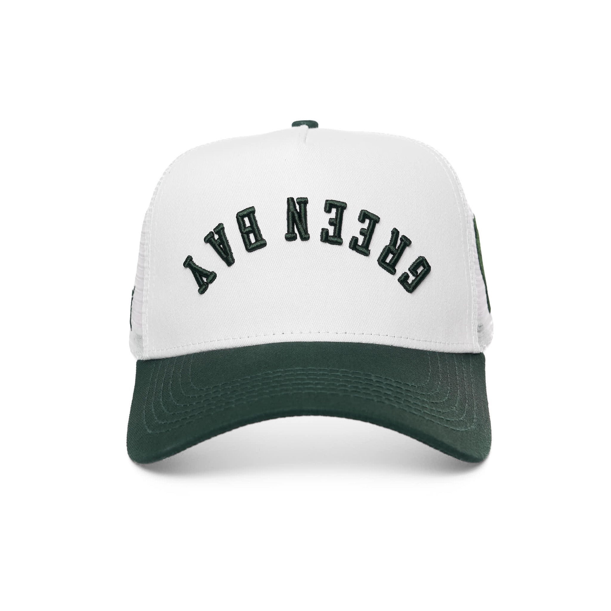GREEN BAY UPSIDE DOWN TRUCKER HAT - WHITE/GREEN