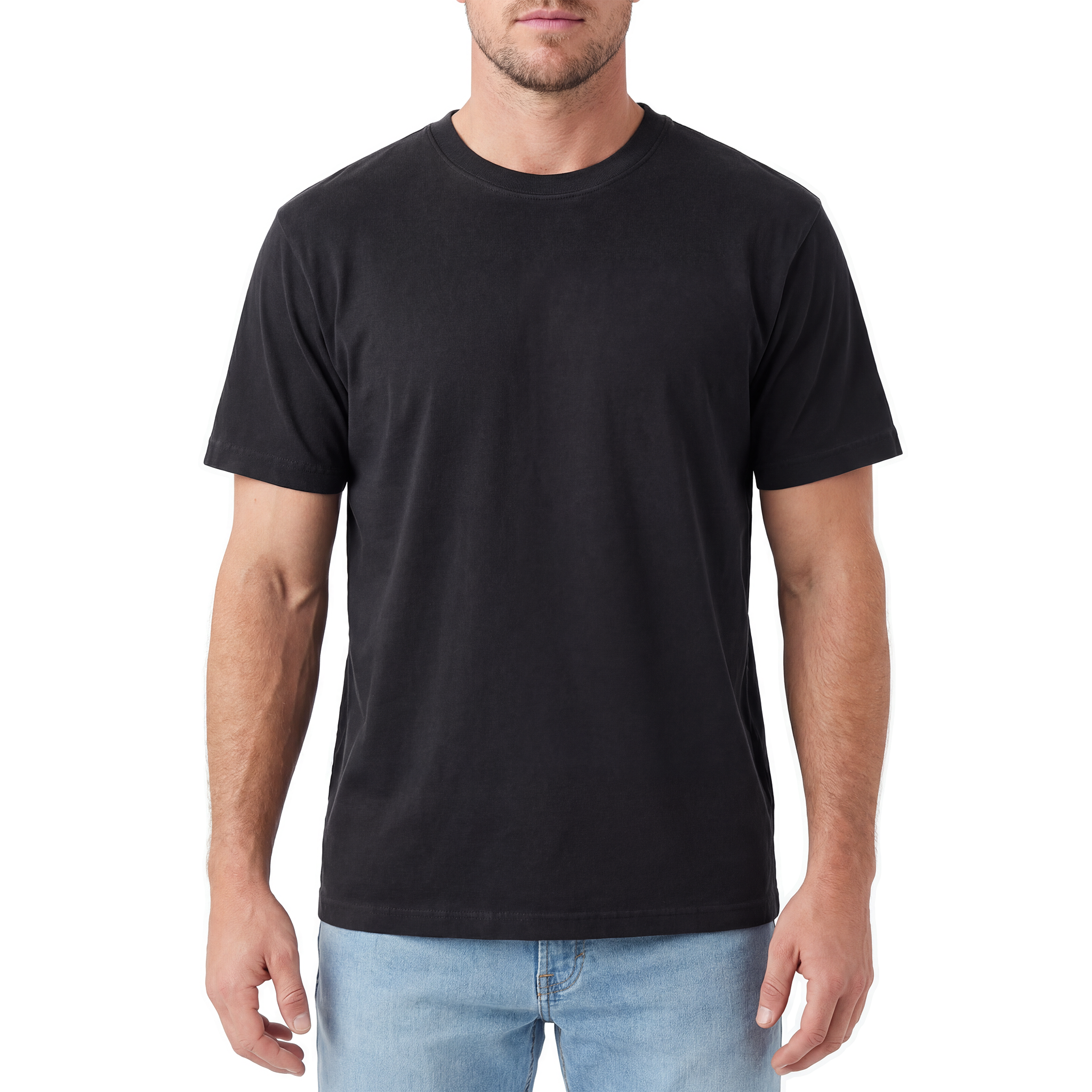 Man wearing a black t-shirt and light blue jeans on a white background