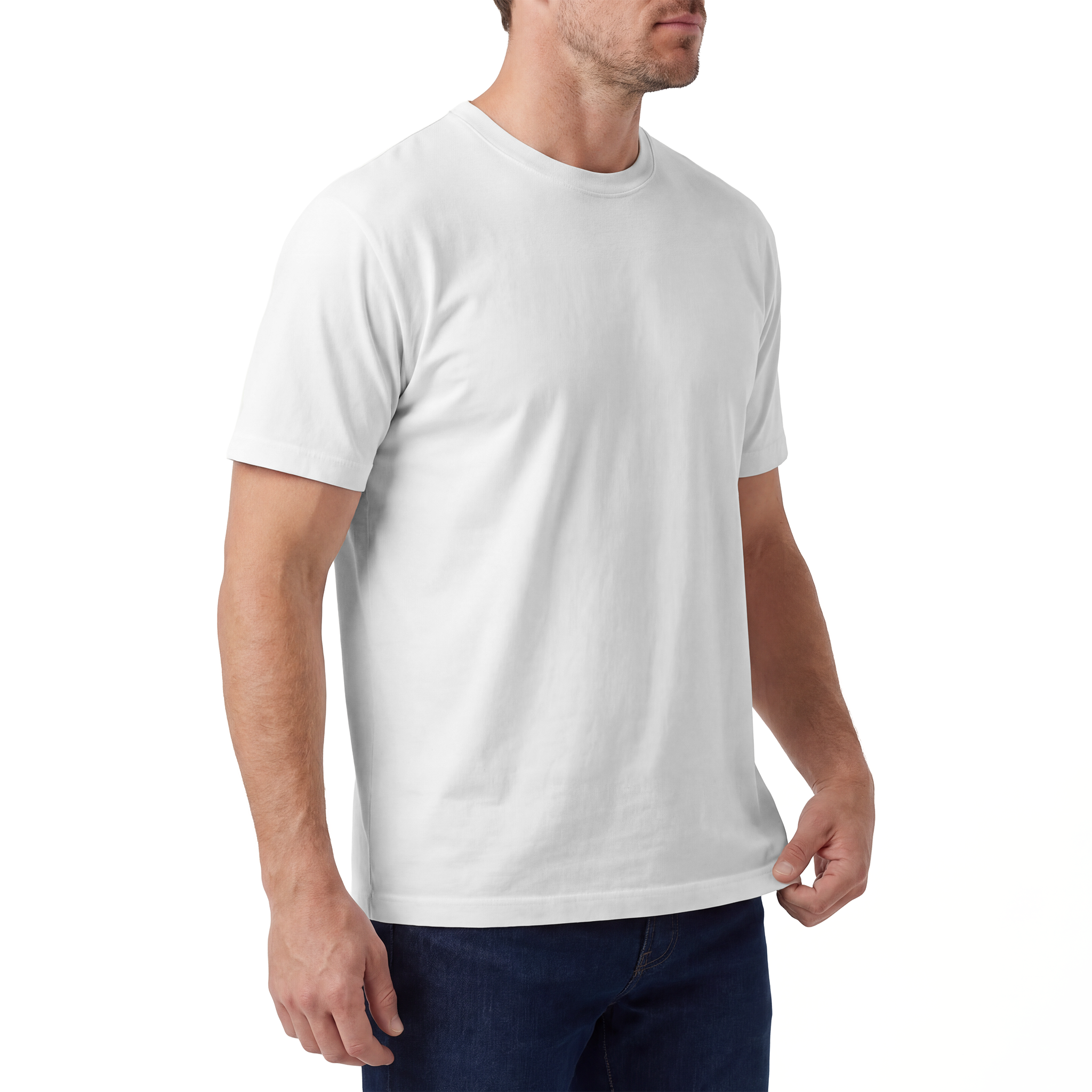 Man wearing a plain white t-shirt on a white background