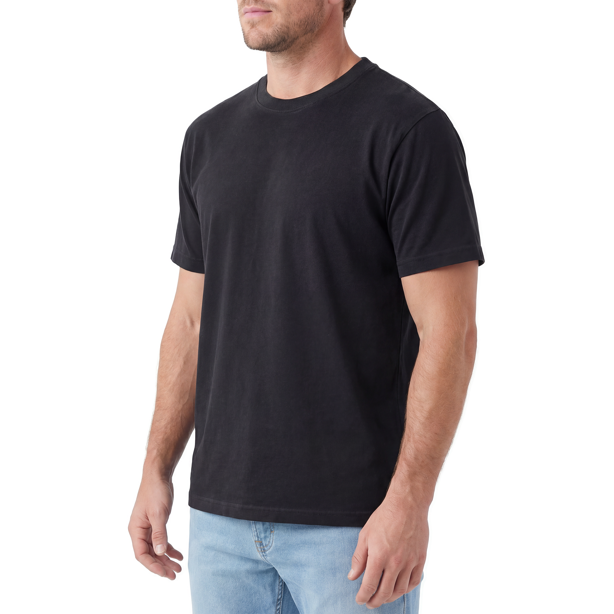 Man wearing a black t-shirt and light blue jeans on a white background