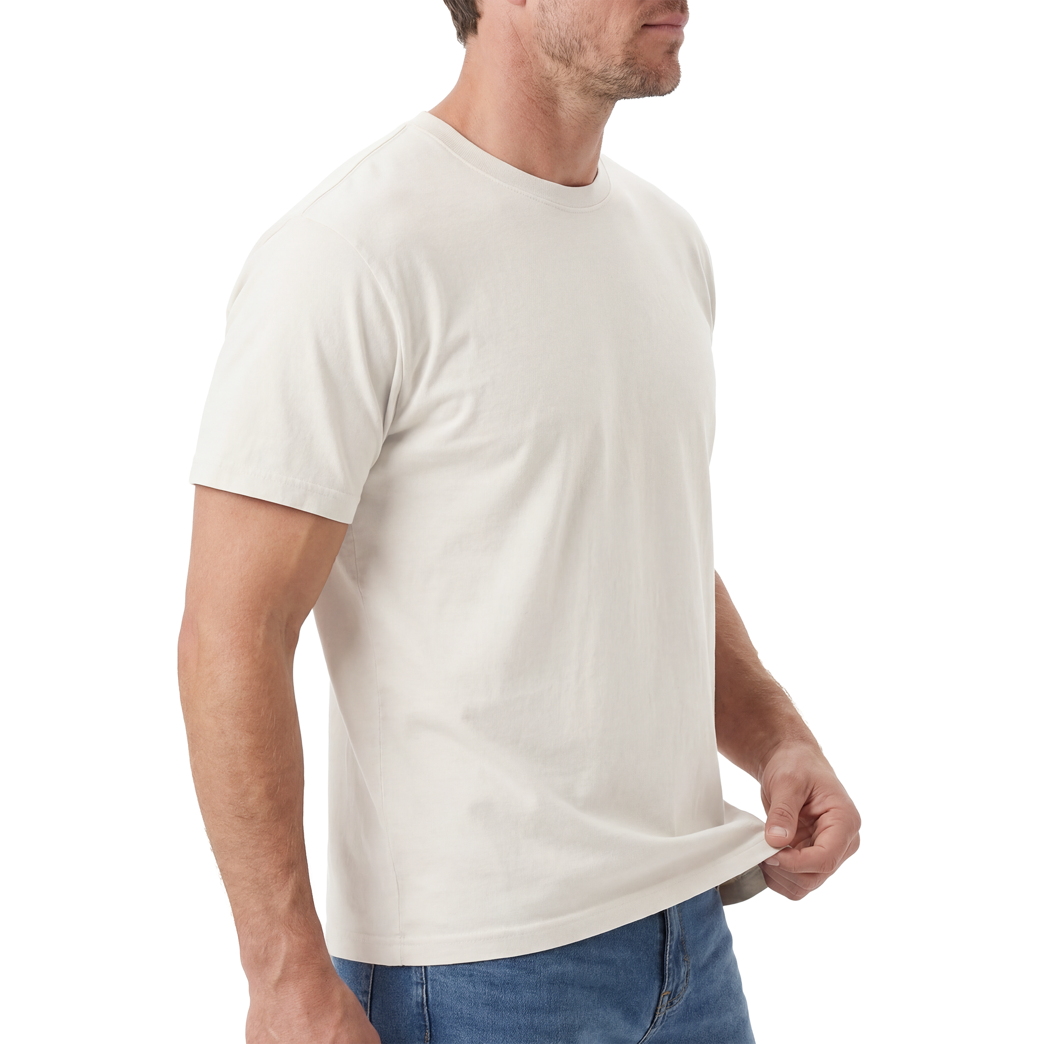 Man wearing a plain white t-shirt and blue jeans on a white background
